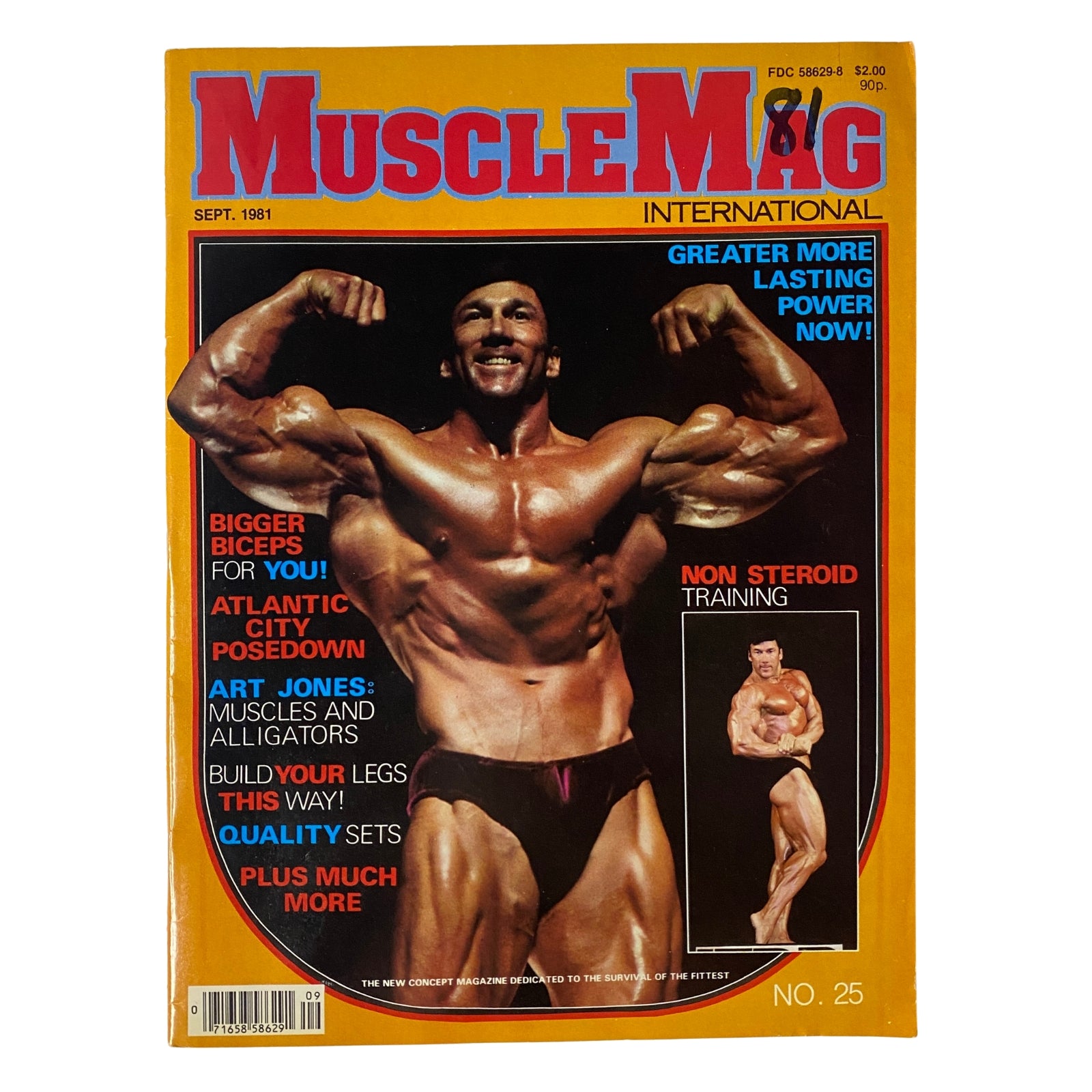 MuscleMag International Magazine September 1981 No. 25 with Boyer Coe on the cover showcasing a muscular pose. Highlights include features on natural bodybuilding and advanced training.