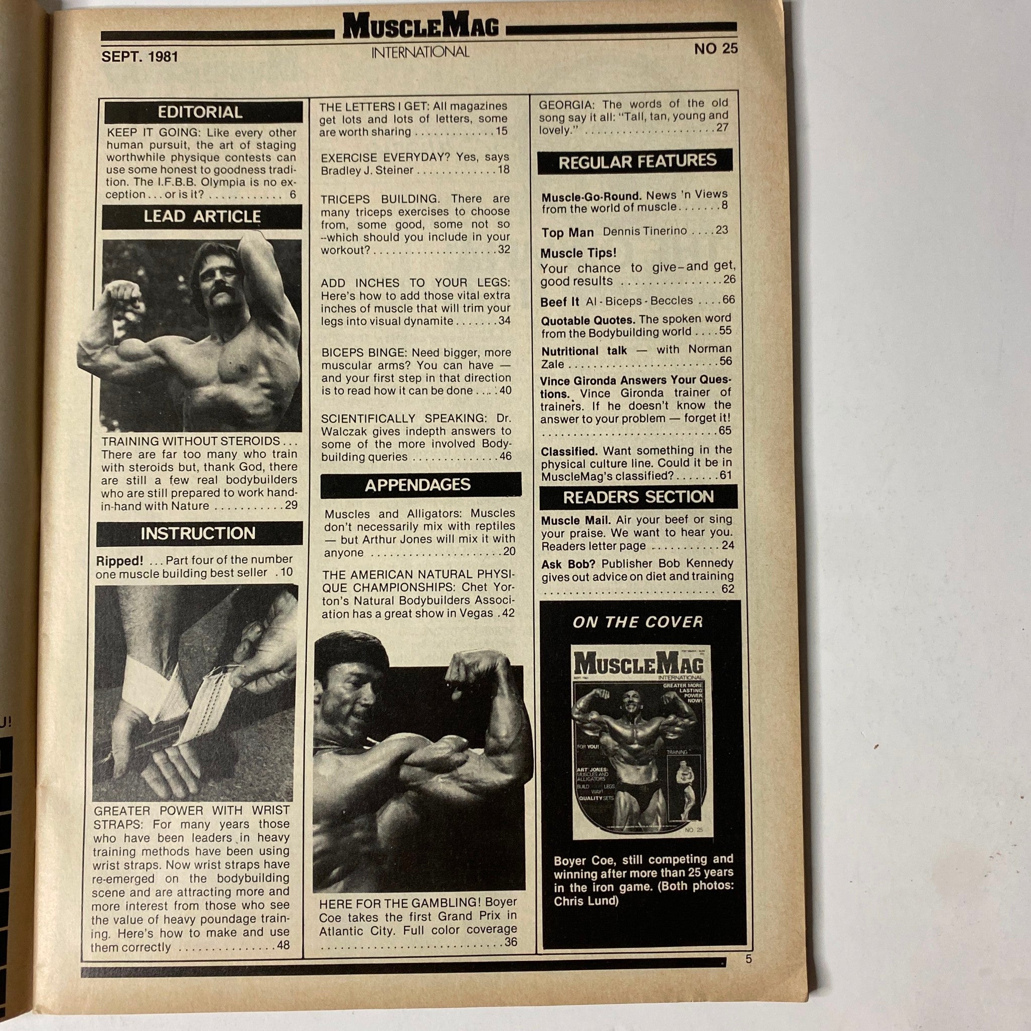 Inside page of MuscleMag International Magazine September 1981 No. 25, featuring editorial content, lead articles on training without steroids, and various instructional sections.