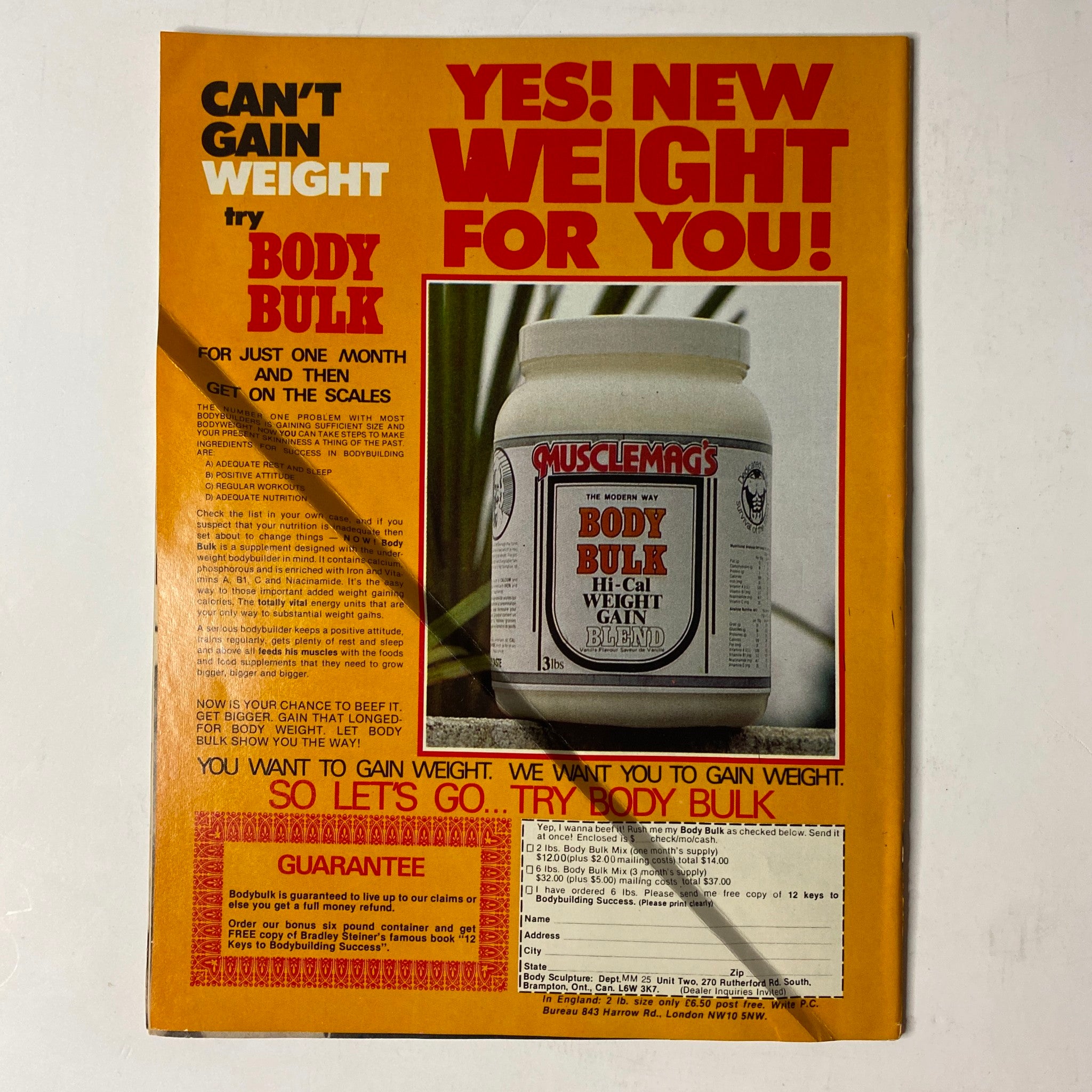 Back cover of MuscleMag International Magazine September 1981 No. 25 promoting MuscleMag's Body Bulk weight gain supplement with an eye-catching design.