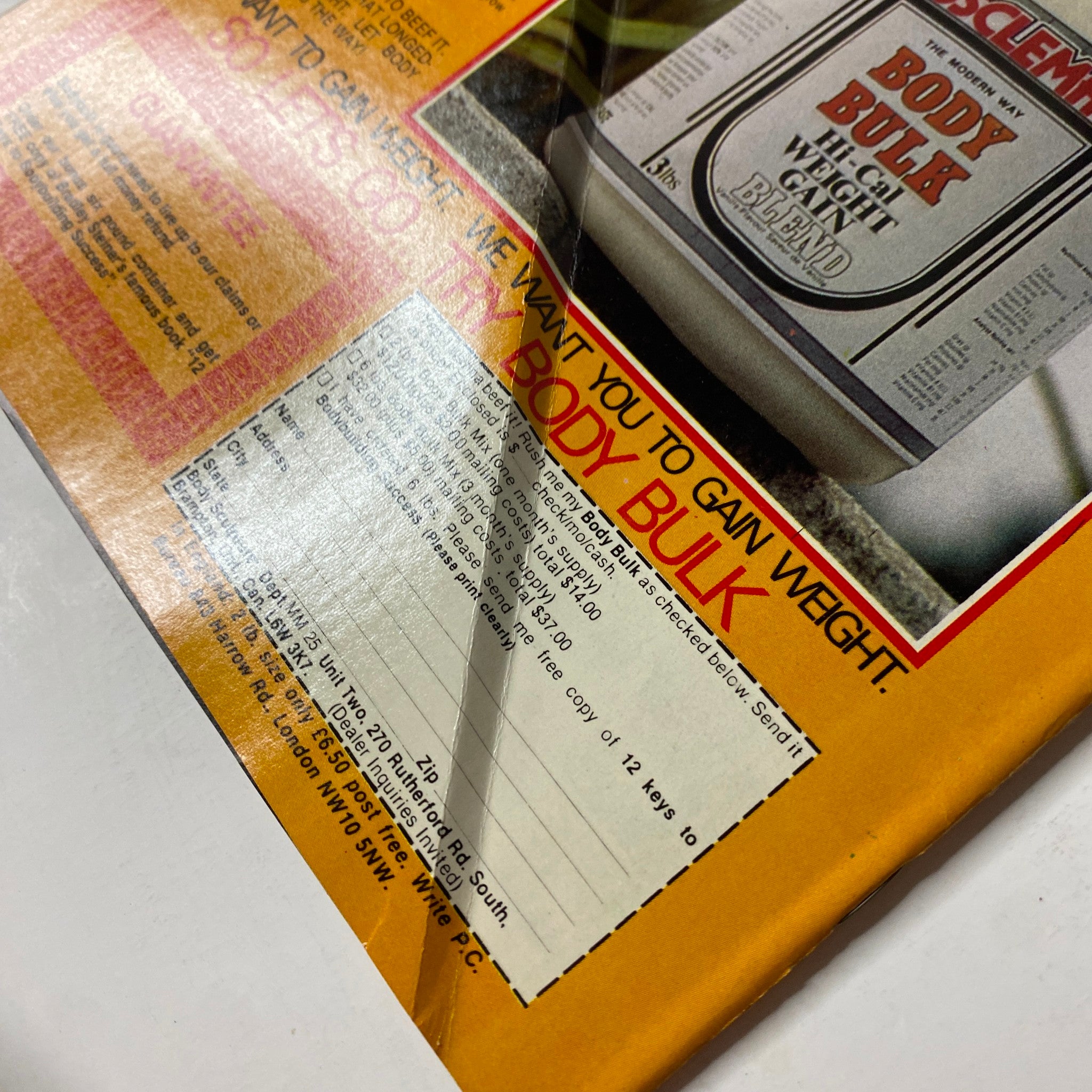 Close-up of the back cover details from MuscleMag International Magazine September 1981 No. 25, highlighting the advertisement for Body Bulk weight gain and a guarantee offer.