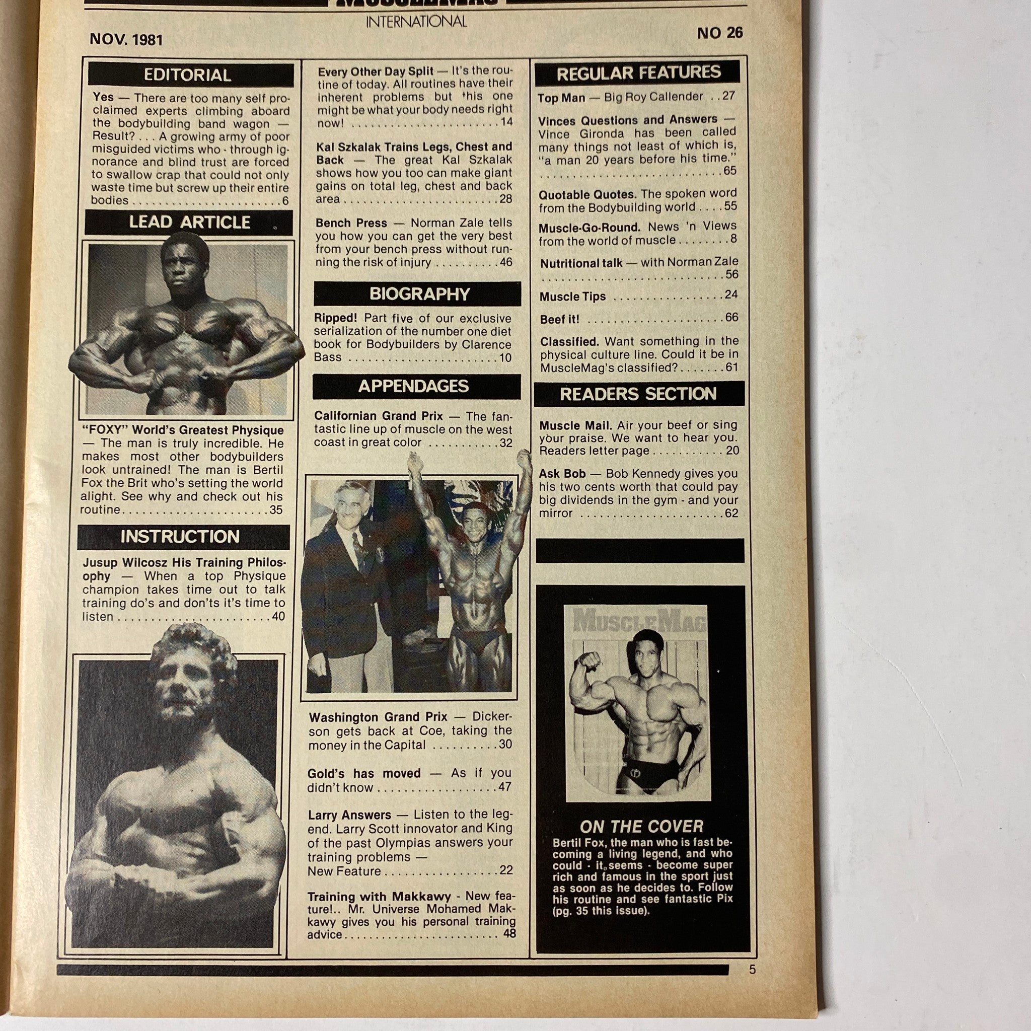 Interior page of MuscleMag International Magazine November 1981 No. 26 presenting editorial content and articles including training philosophies from top bodybuilders.
