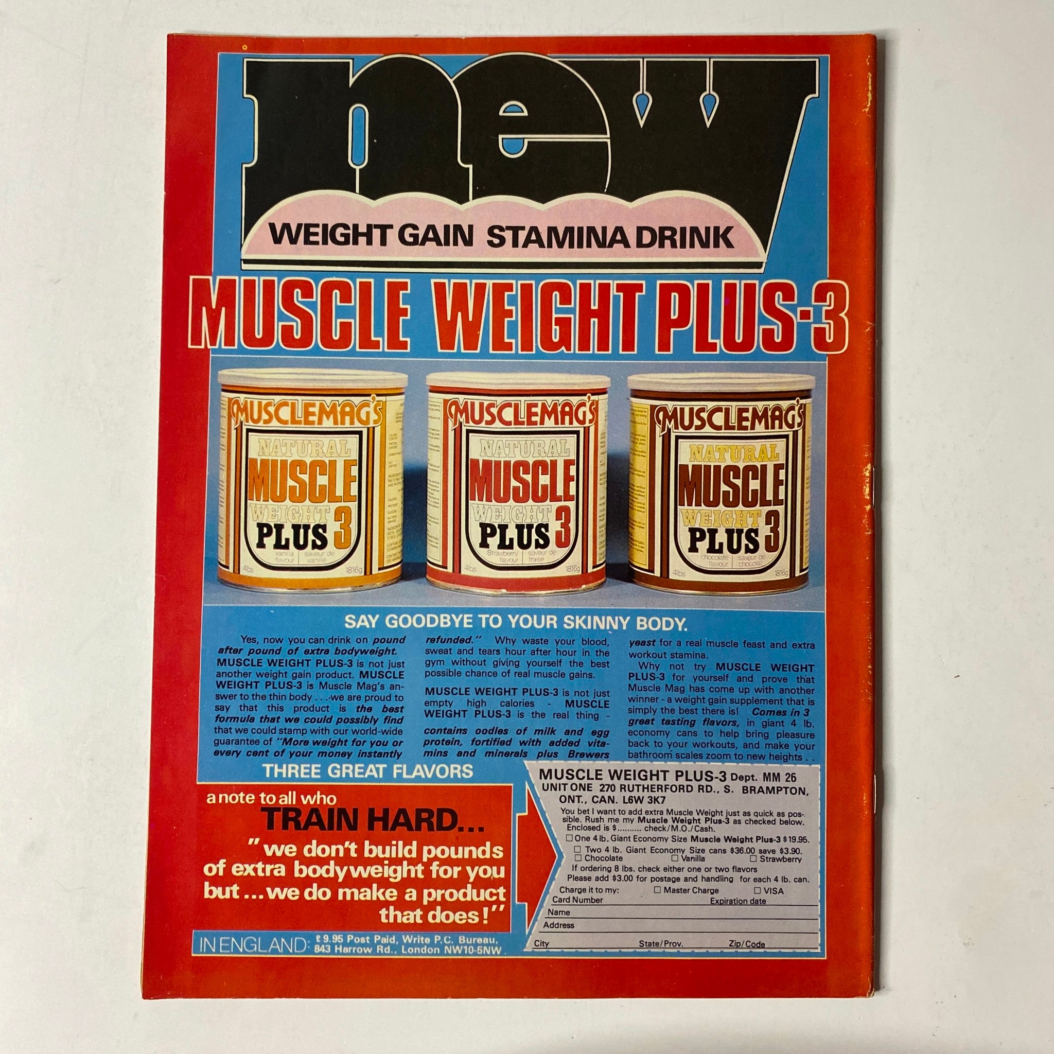 Back cover of MuscleMag International Magazine November 1981 No. 26 promoting Muscle Weight Plus-3, a weight gain drink, alongside product details.