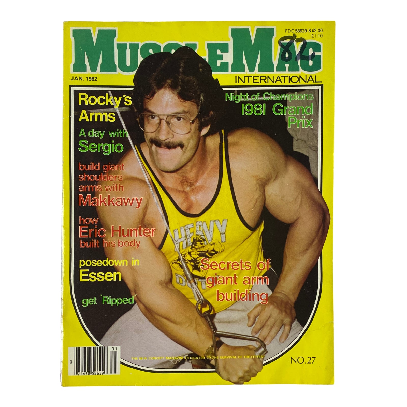 Cover of MuscleMag International Magazine, January 1982, No. 27 featuring Mike Mentzer. Highlights include articles on bodybuilding training, 'Rocky's Arms' with Greg DeFerro, and coverage of the Night of Champions 1981 Grand Prix.