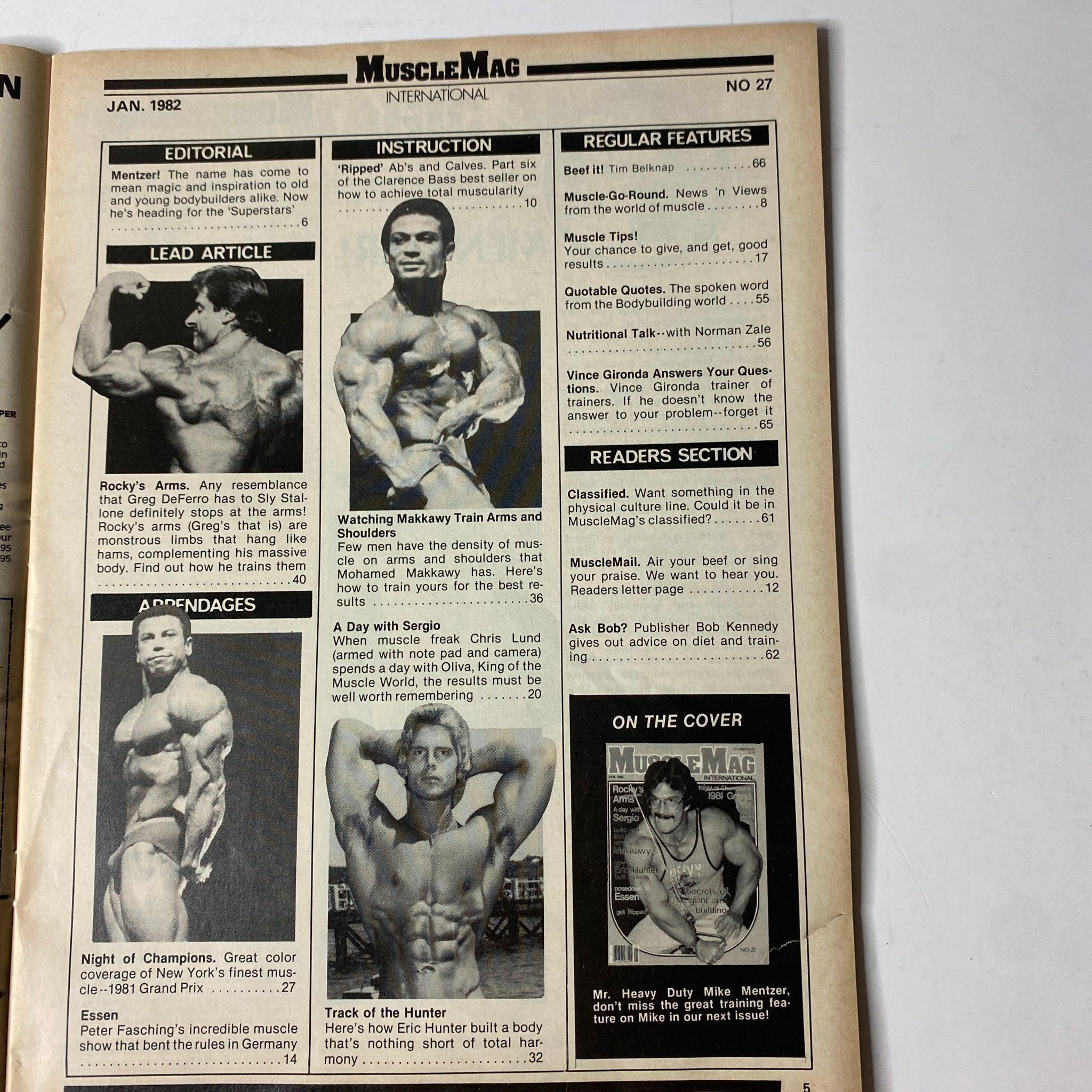 Interior page of MuscleMag International Magazine, January 1982, No. 27 showcasing editorial content, feature articles, and training techniques in bodybuilding, including insights from Mohamed Makkawy and Vince Gironda.