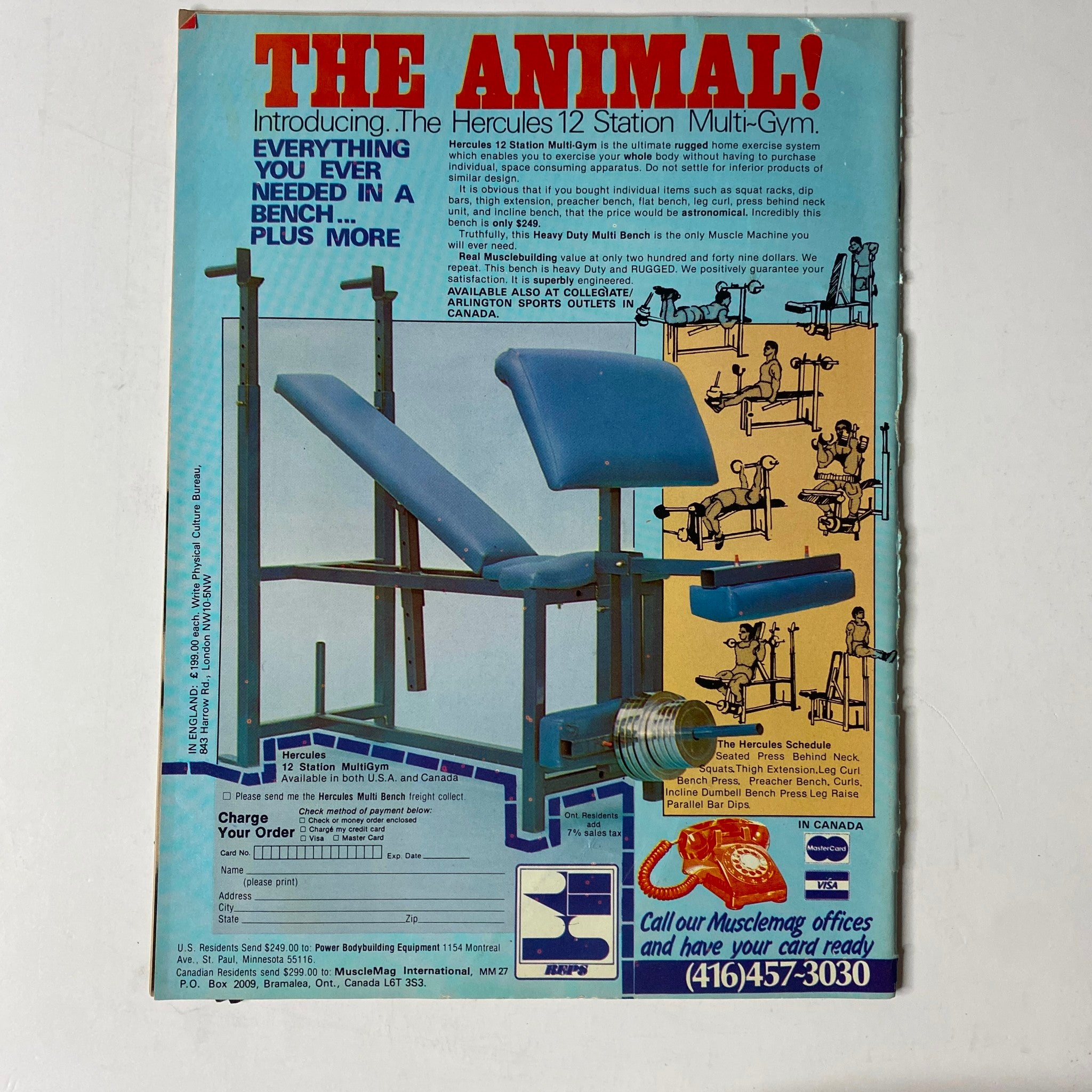 Advertisement for The Animal Hercules 12 Station Multi-Gym, featured in MuscleMag International Magazine January 1982 No. 27, showcasing a multifunctional workout bench suitable for bodybuilding.