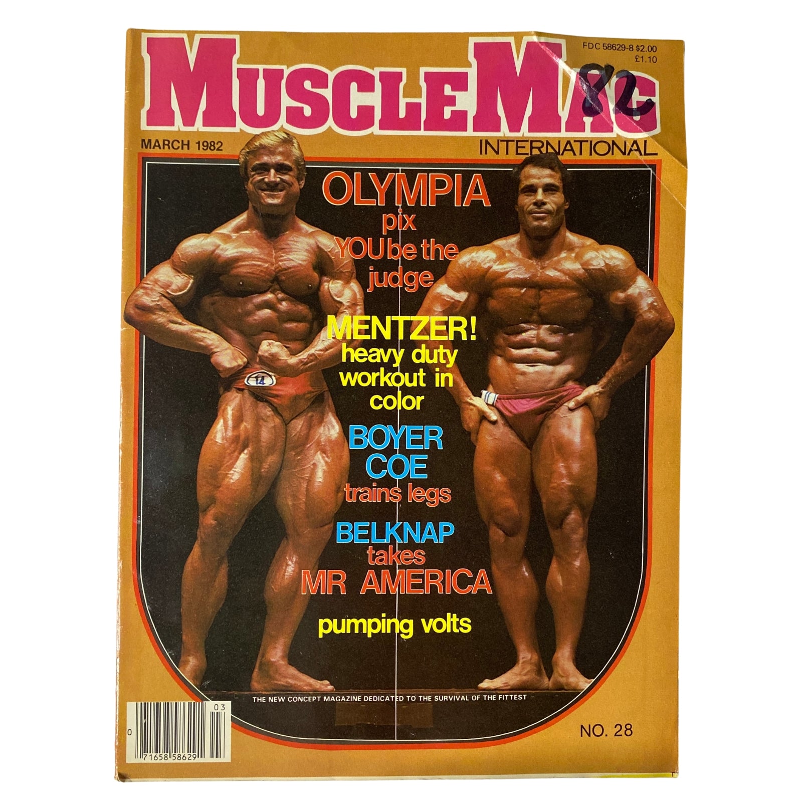 Cover of MuscleMag International Magazine March 1982 No. 28 featuring Franco Columbu and Tom Platz, highlighting Olympia contest coverage, heavy duty workouts, and training insights.
