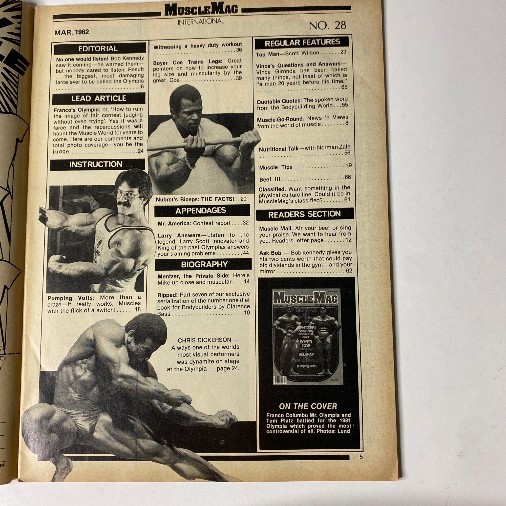 Interior page from MuscleMag International Magazine March 1982 No. 28 showcasing editorial content, biographies, instructional articles, and the regular features of the magazine.