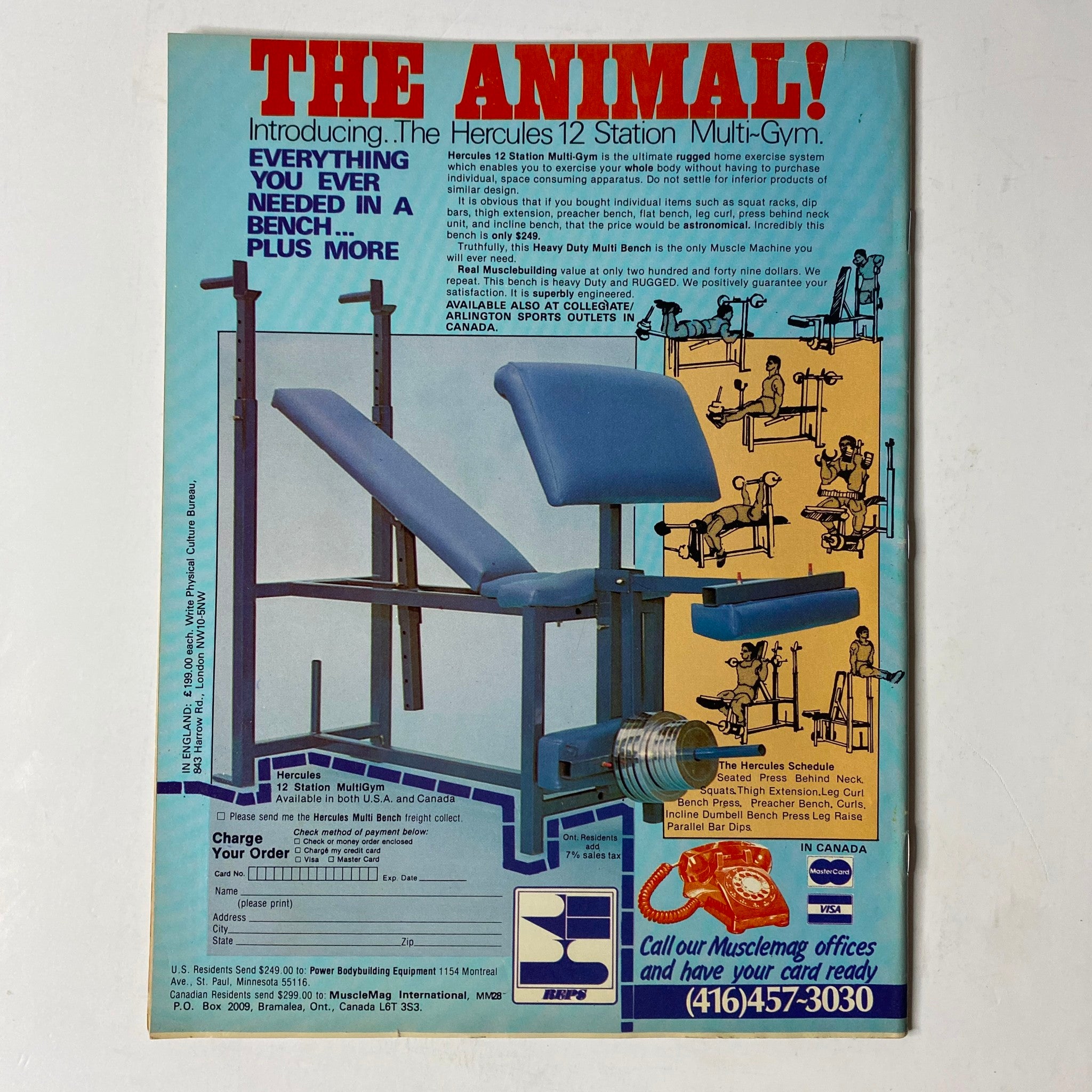 Advertisement for the Hercules 12 Station Multi-Gym in MuscleMag International Magazine March 1982 No. 28, promoting comprehensive workout equipment.
