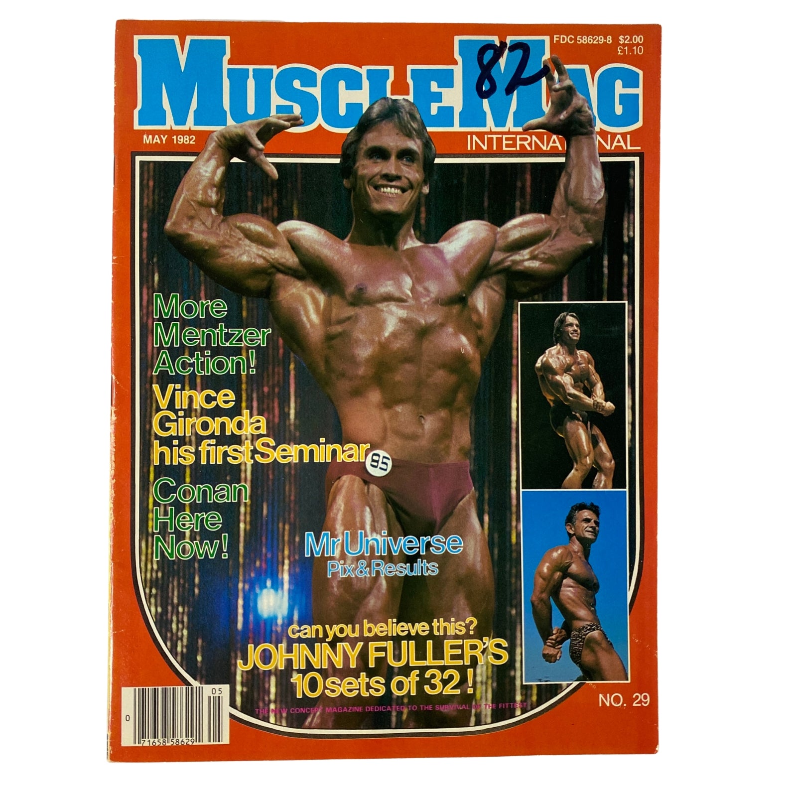 Cover of MuscleMag International Magazine May 1982 featuring Lance Dreher as Mr. Universe and Arnold Schwarzenegger, highlighting articles on bodybuilding, training techniques, and fitness guidance.