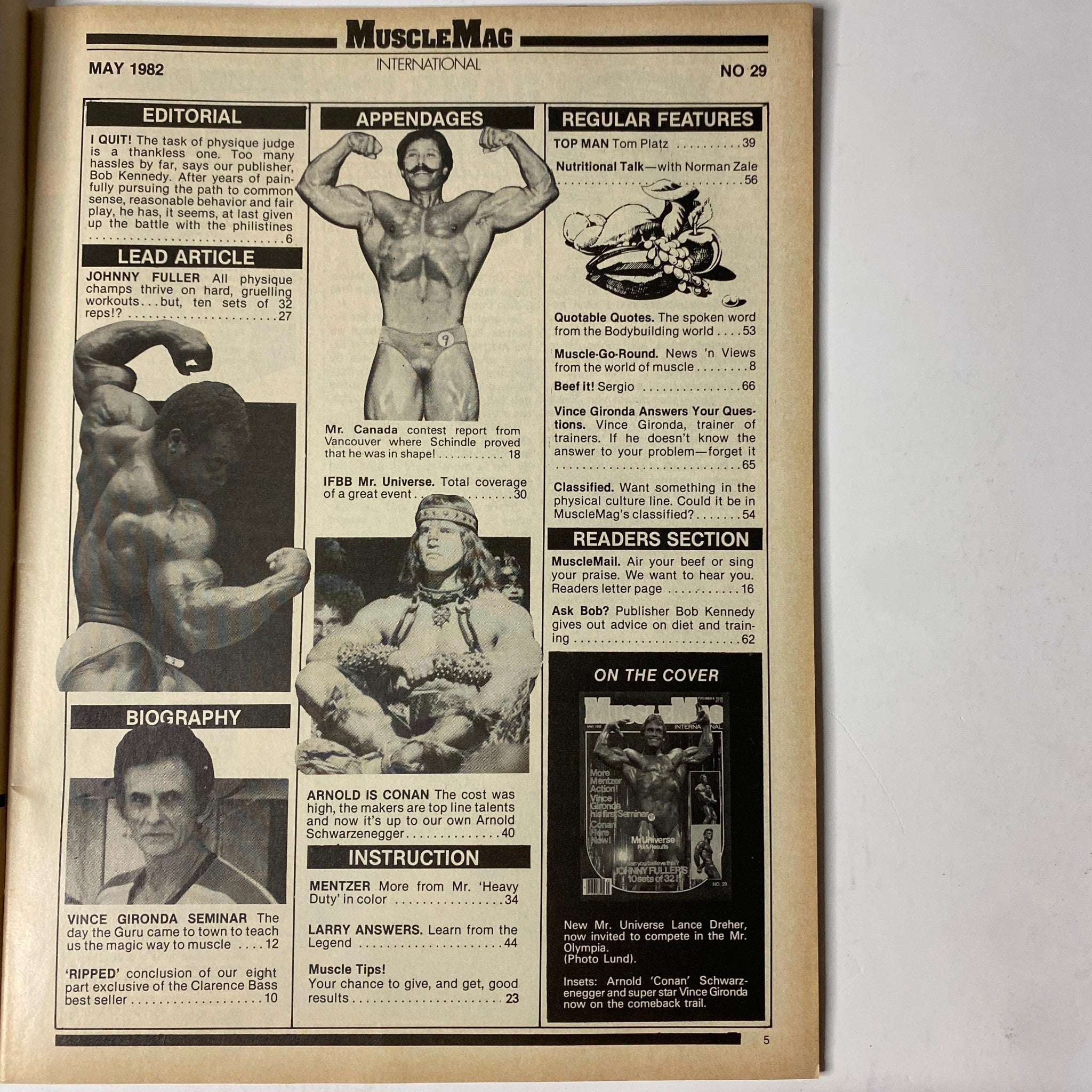 MuscleMag International Magazine May 1982 featuring editorial, lead articles, biographies, and training tips, showcasing Lance Dreher, Johnny Fuller, Vince Gironda, and Arnold Schwarzenegger.