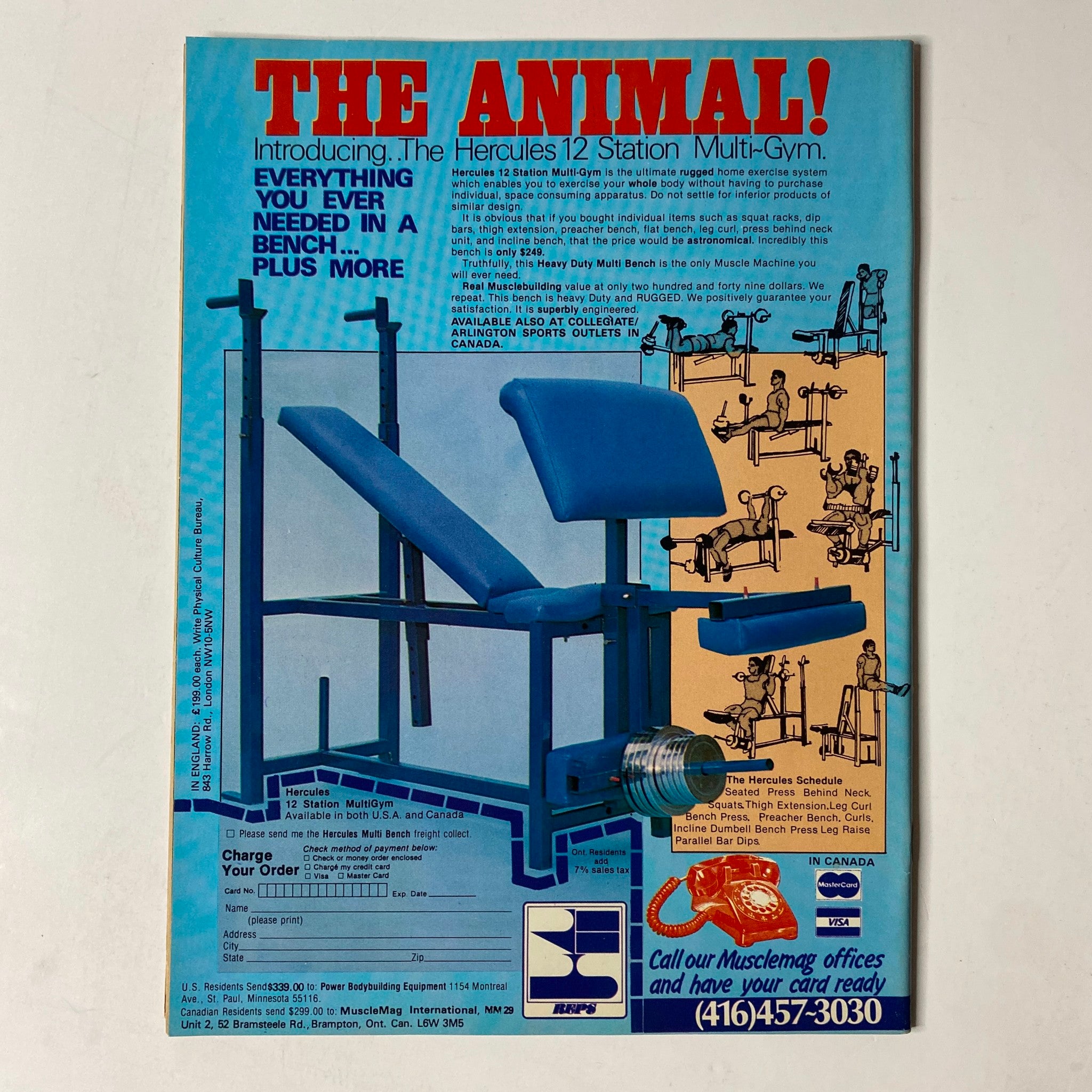 MuscleMag International Magazine May 1982 ad for 'The Animal' Hercules 12 Station Multi-Gym, highlighting features of the gym equipment.