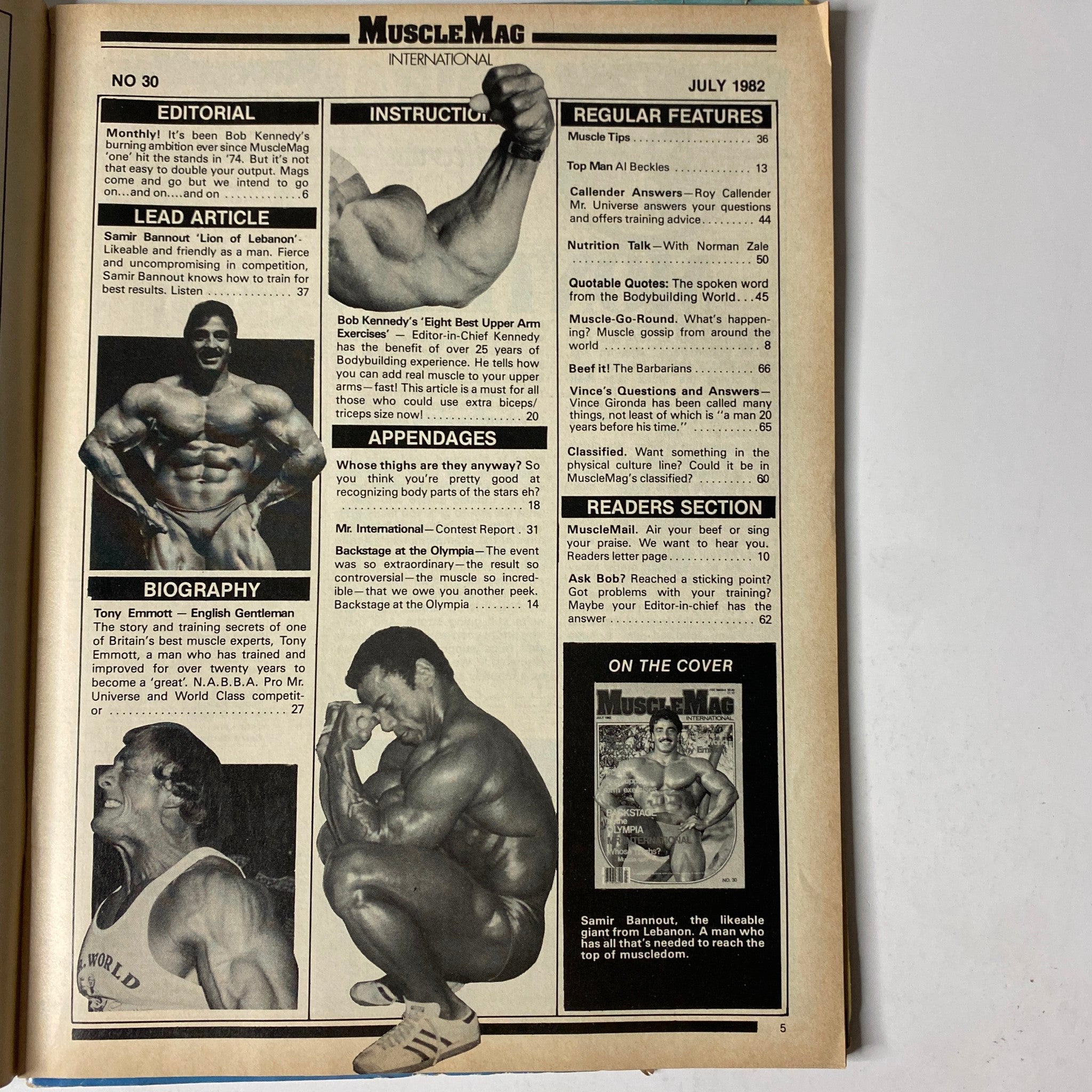 Interior page of MuscleMag International Magazine July 1982 No. 30 displaying the editorial, lead article about Samir Bannout, and regular features, highlighting key bodybuilding topics and training insights.