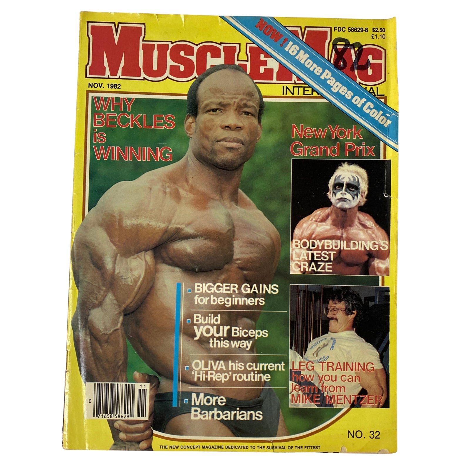 Cover of MuscleMag International Magazine November 1982 No. 32 featuring Albert Beckles, showcasing bodybuilding articles and highlights including why Beckles is winning, New York Grand Prix results, and training tips by Mike Mentzer.