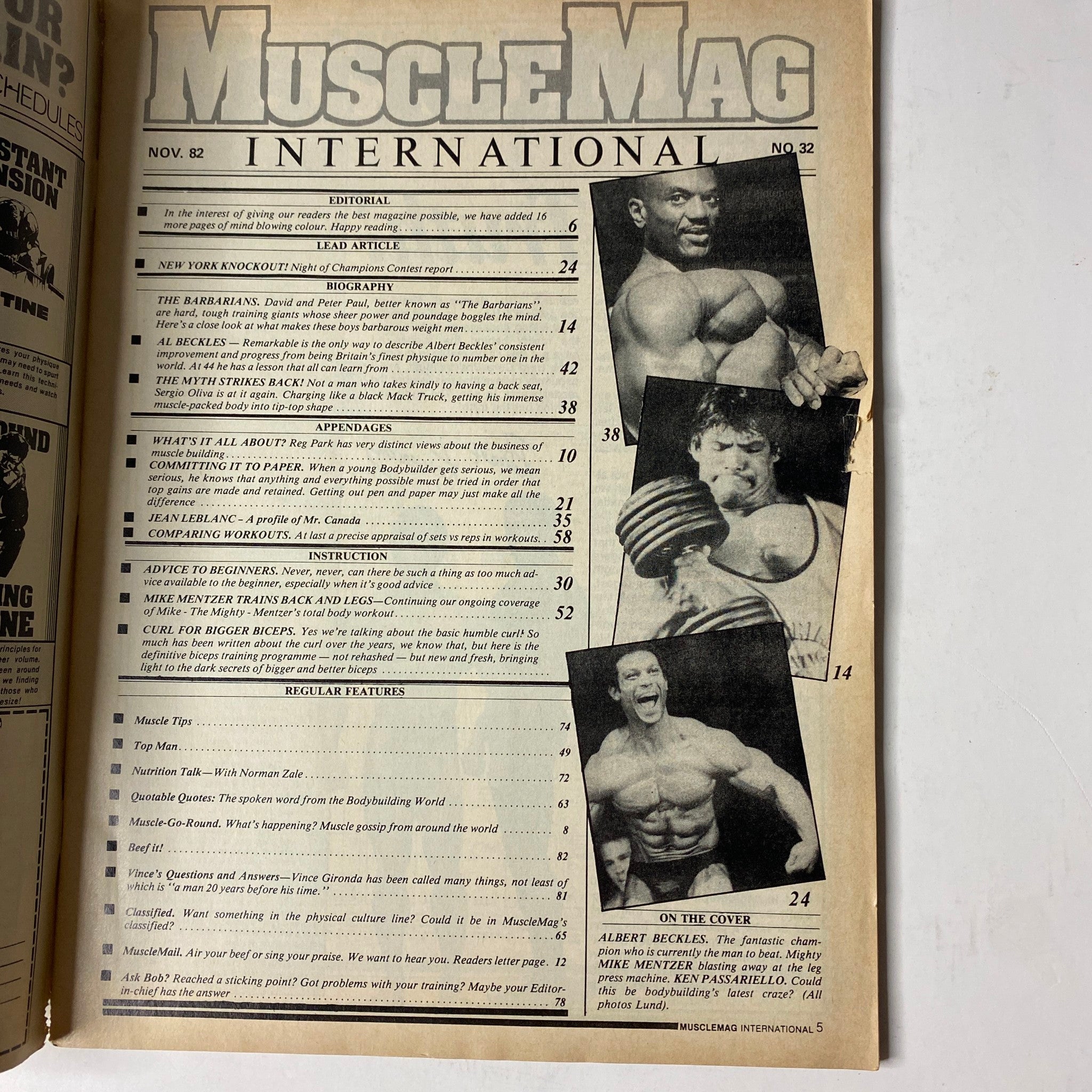 Interior page of MuscleMag International Magazine November 1982 No. 32 displaying the table of contents, including articles on Albert Beckles, the Barbarian Brothers, and training advice.