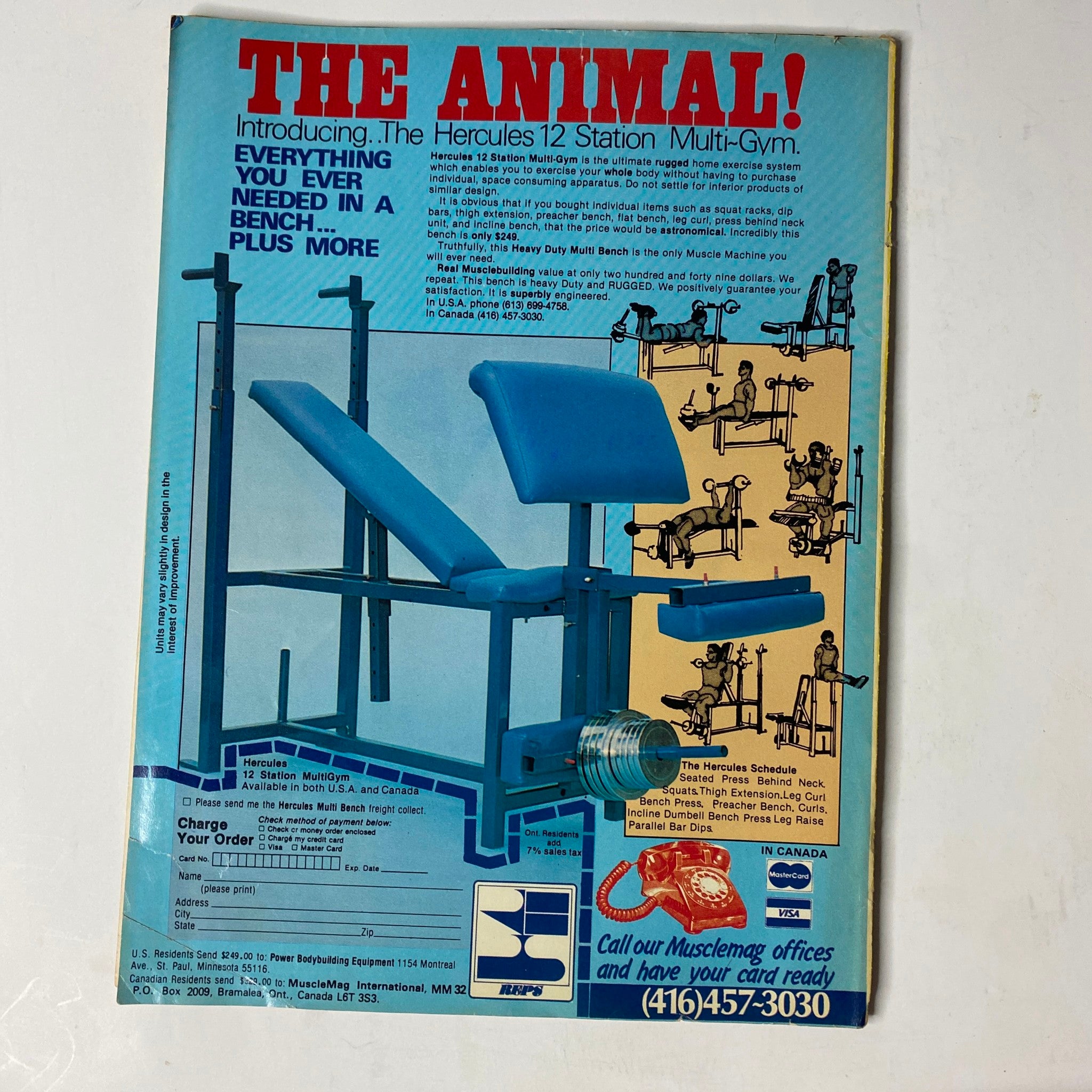 Back cover of MuscleMag International Magazine November 1982 No. 32 advertising the Hercules 12 Station Multi-Gym, emphasizing fitness equipment for bodybuilding enthusiasts.