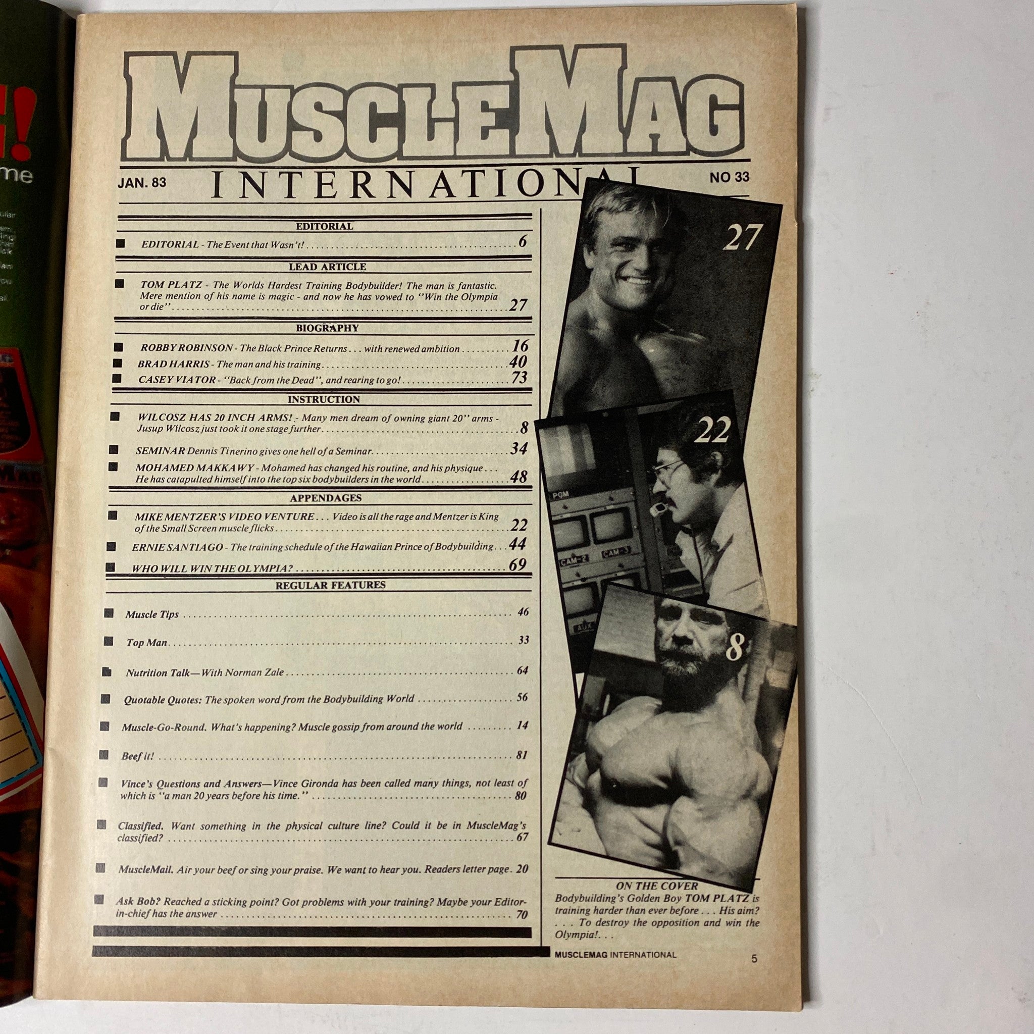 Cover of MuscleMag International Magazine January 1983 No. 33 featuring editorial contents and articles including Tom Platz's intense training and bodybuilding ambitions.