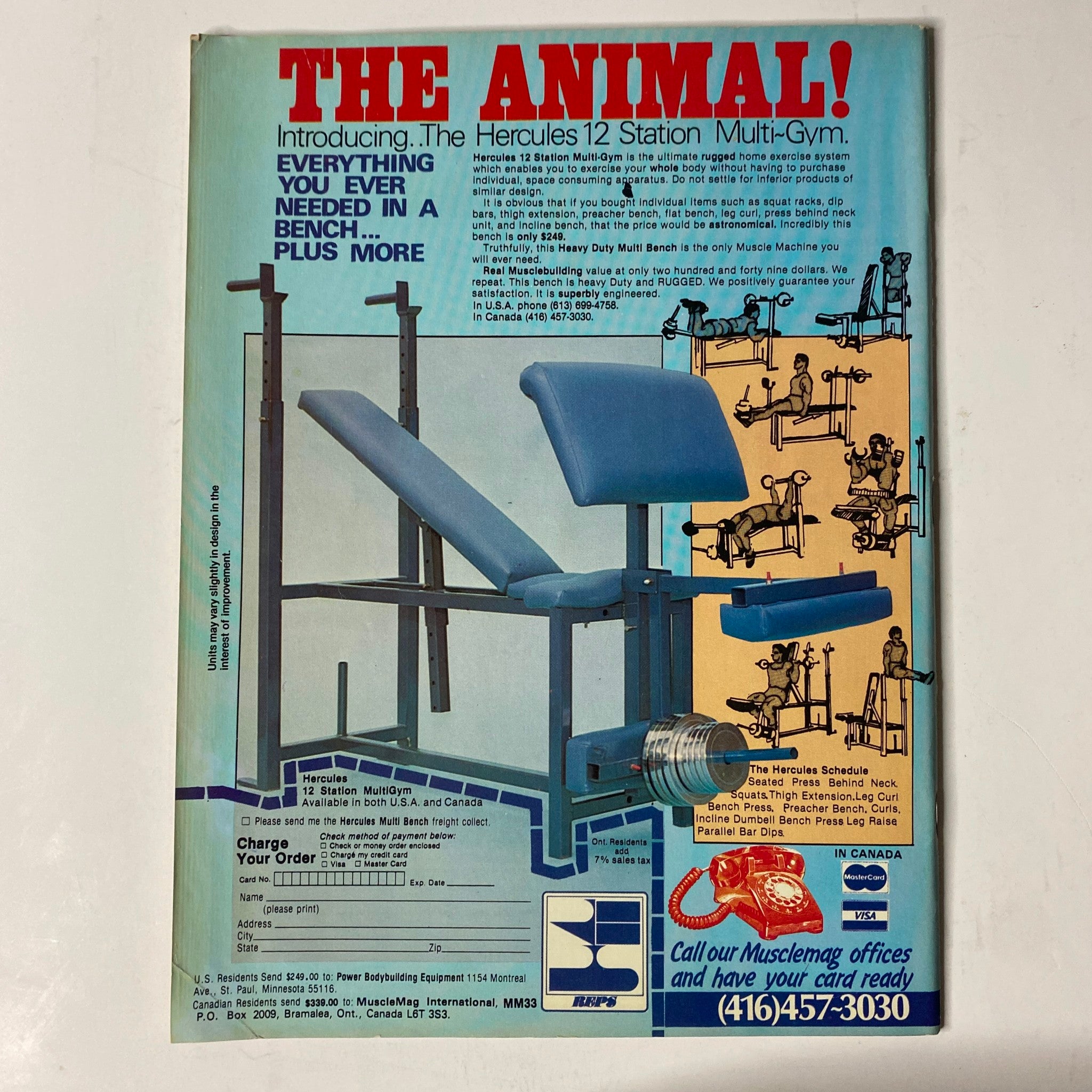 Back cover of MuscleMag International Magazine January 1983 No. 33 showcasing advertisement for 'The Animal!' Hercules 12 Station Multi-Gym with features and ordering details.