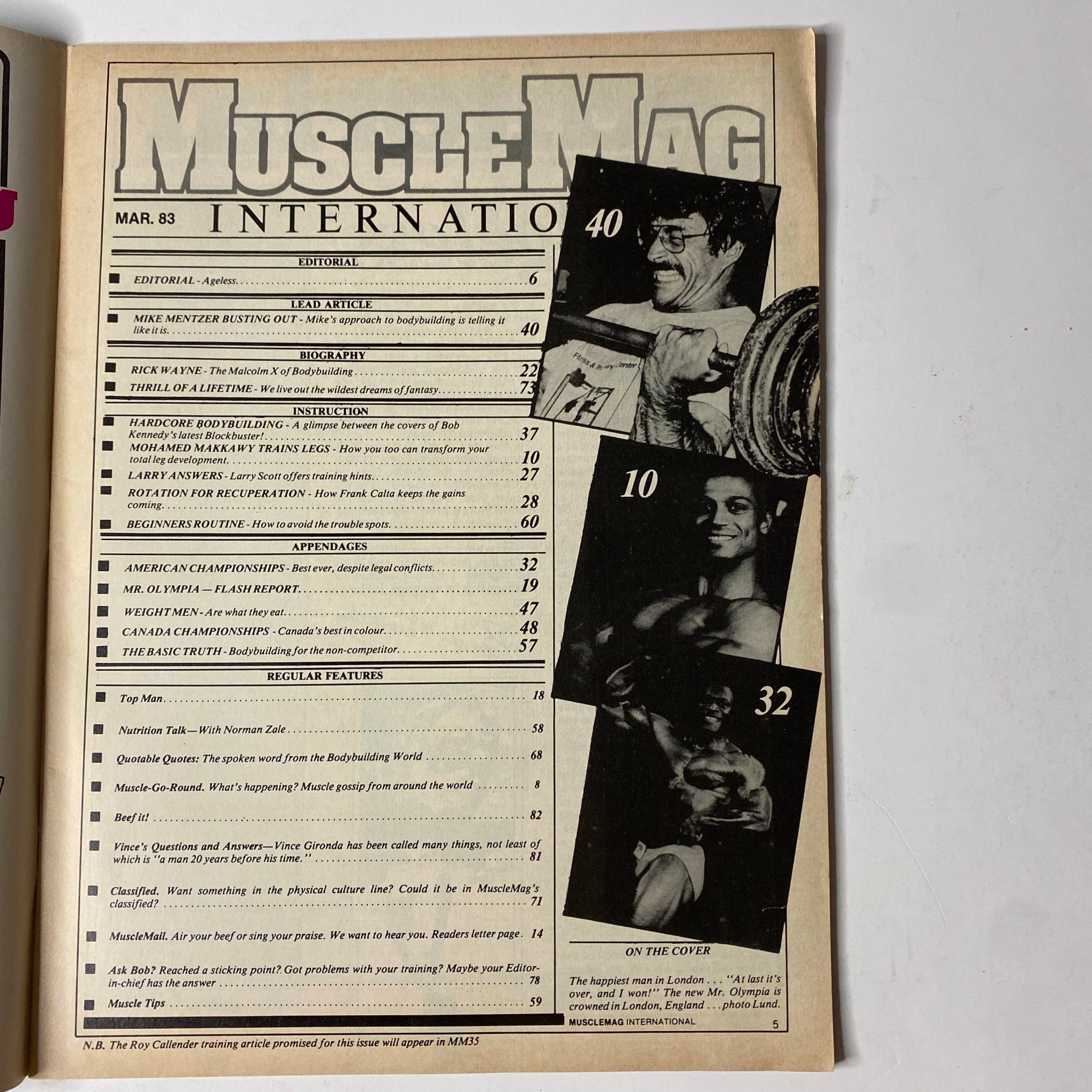 Content page of MuscleMag International Magazine March 1983 No. 34 detailing articles including Mike Mentzer's training philosophy and various bodybuilding features.