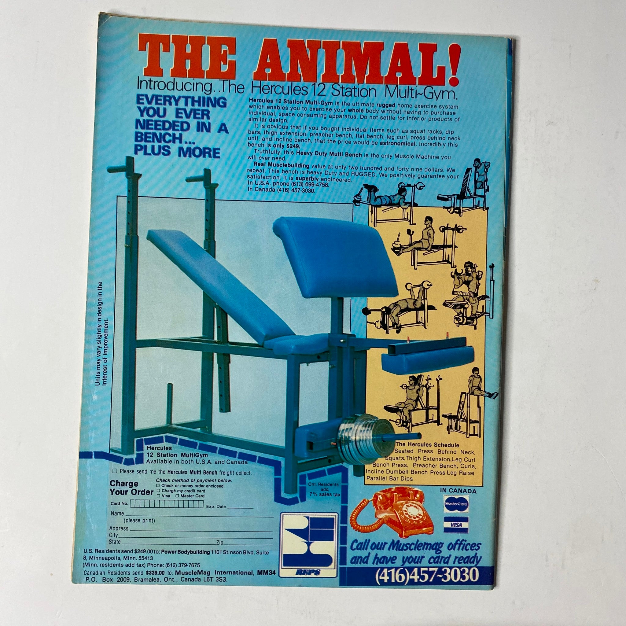 Back cover of MuscleMag International Magazine March 1983 No. 34 promoting the Hercules 12 Station Multi-Gym with detailed illustrations and contact information.