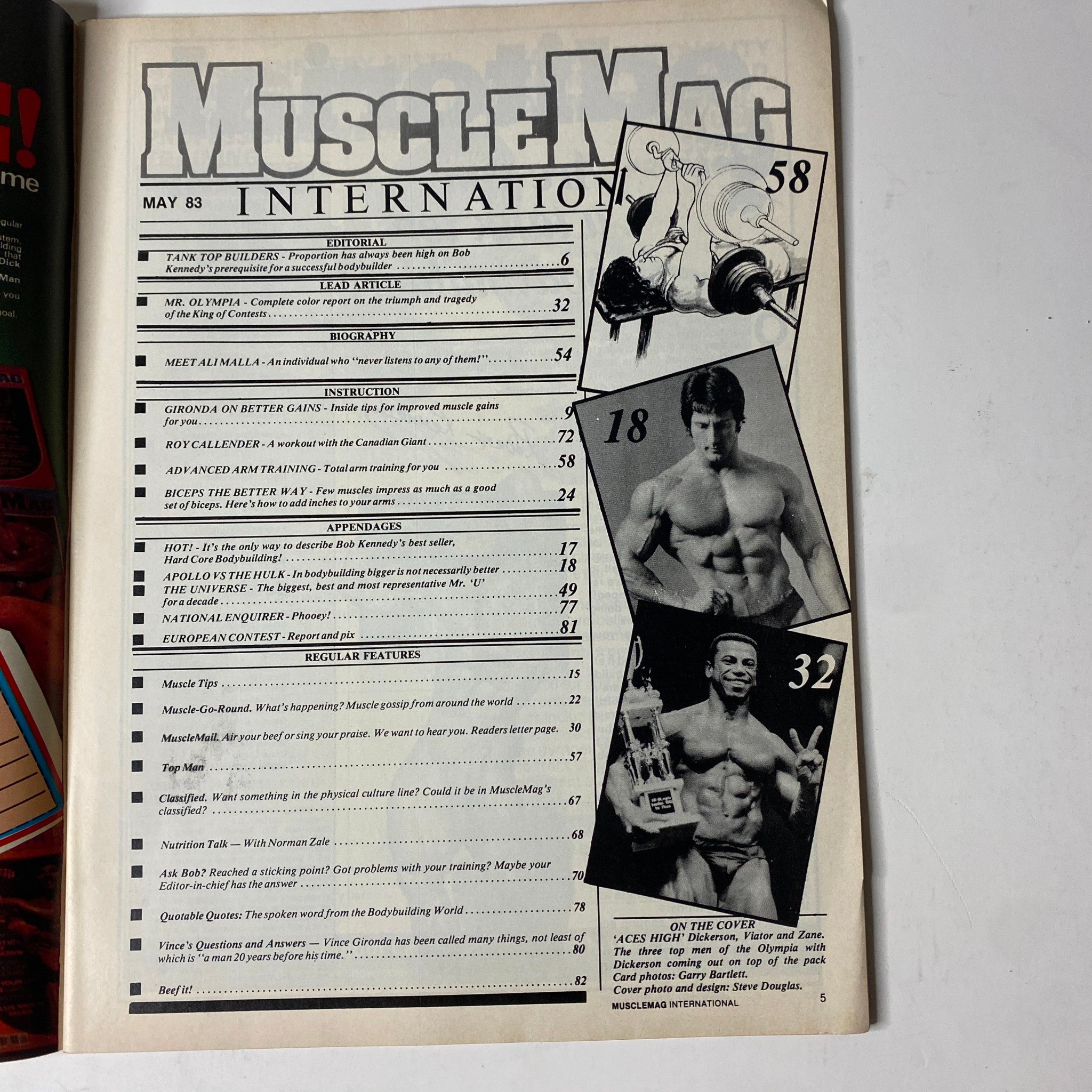 Table of contents page from MuscleMag International Magazine May 1983 No. 35 highlighting articles on bodybuilding including profiles, training guides, and contest coverage.