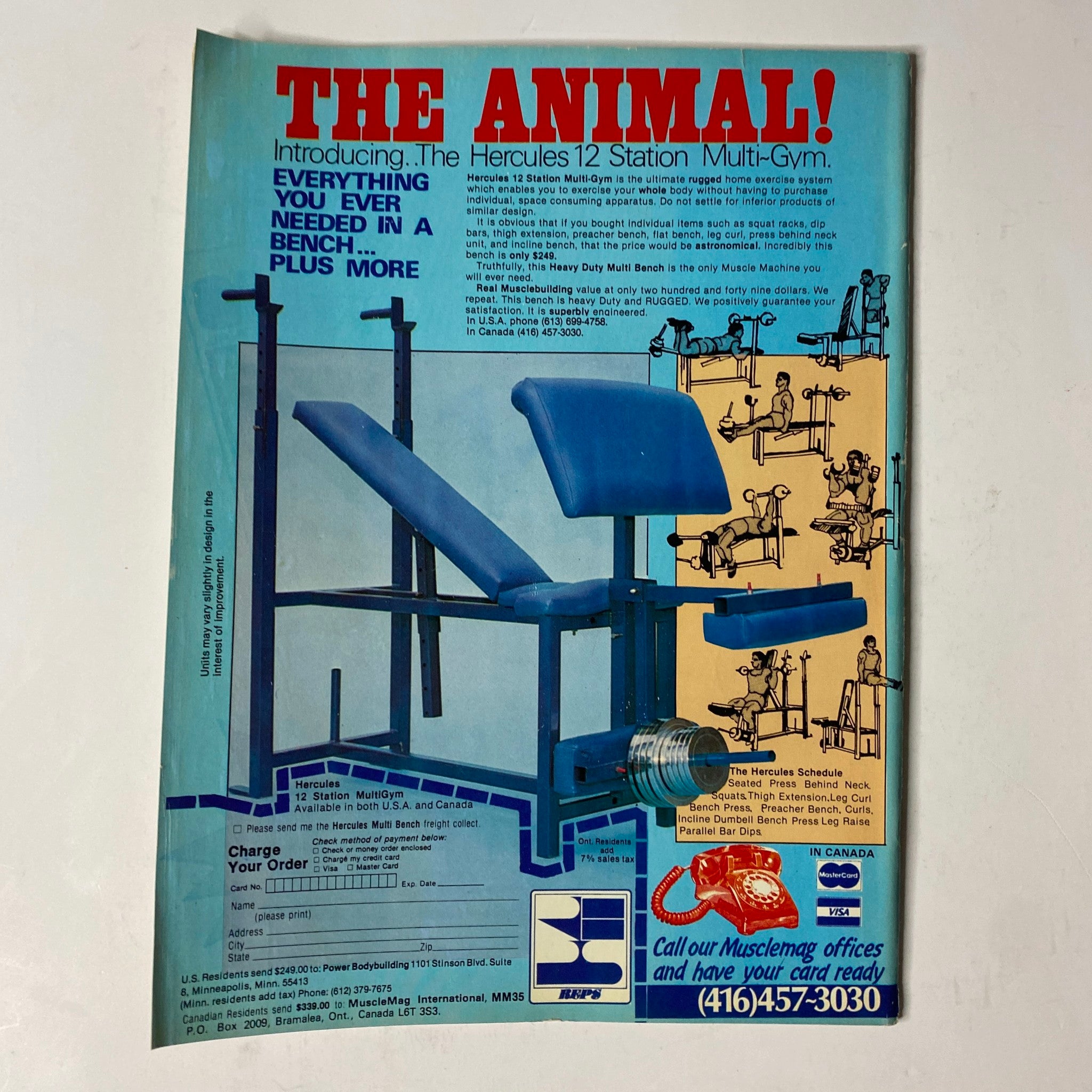 Advertisement page in MuscleMag International Magazine May 1983 No. 35 featuring the Hercules 12 Station Multi-Gym for comprehensive strength training.
