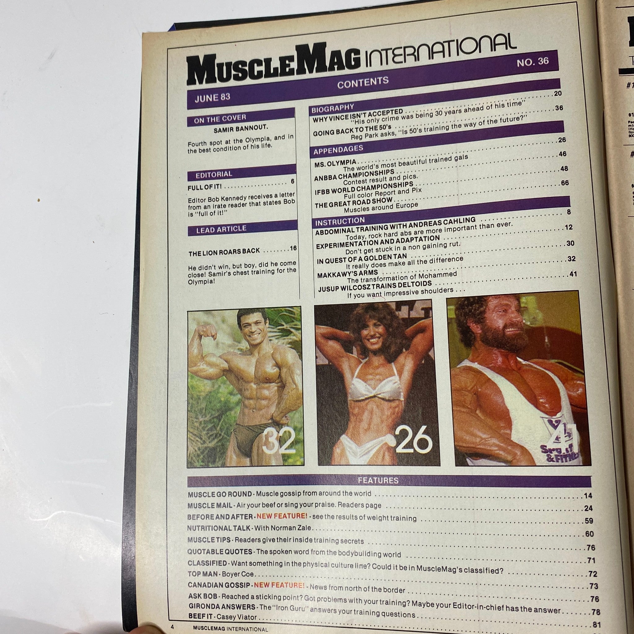 Contents page of MuscleMag International Magazine June 1983 No. 36 including articles on bodybuilding, workout routines, and biographies of athletes. The layout displays the issue's editorial features and lead articles.