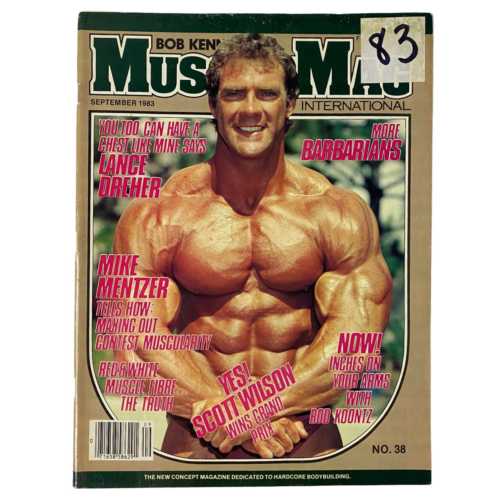 Cover of MuscleMag International Magazine September 1983 No. 38 featuring Scott Wilson with a muscular physique and vibrant tan, showcasing the energy of bodybuilding in the early 1980s.