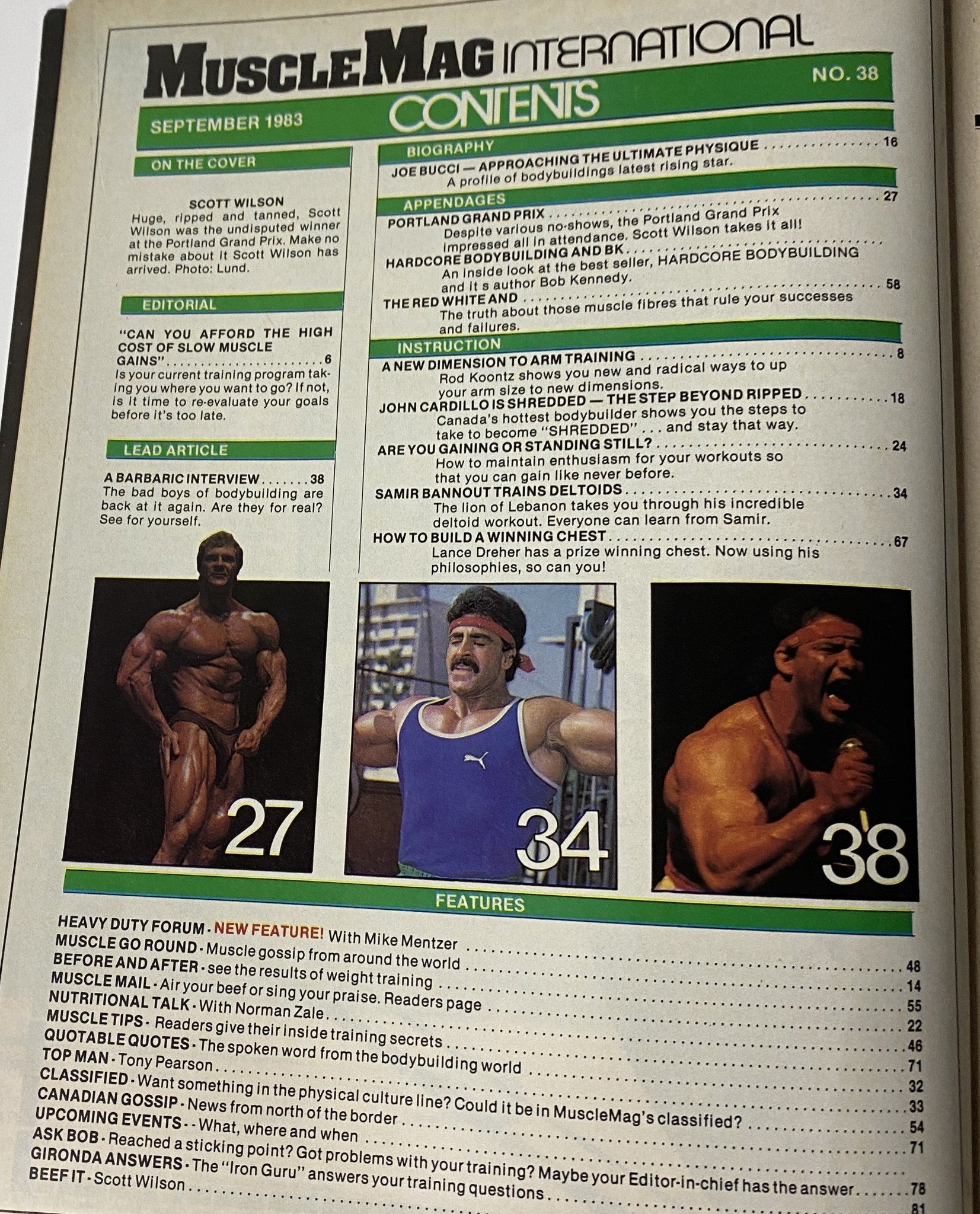 Contents page of MuscleMag International Magazine September 1983 No. 38 detailing articles including biographies and training tips, featuring Scott Wilson's win at the Portland Grand Prix.