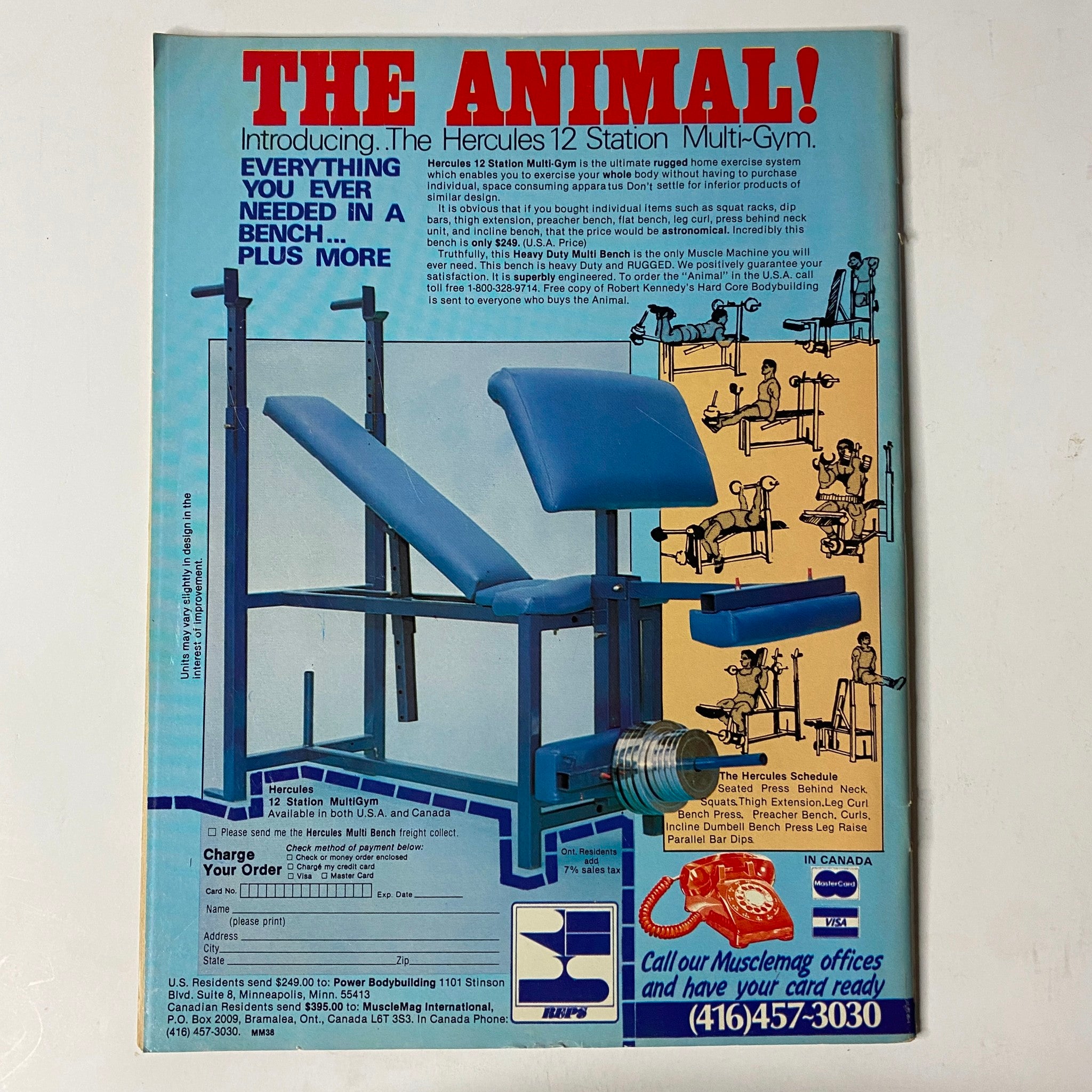 Back cover advertisement of MuscleMag International Magazine September 1983 No. 38 promoting the Hercules 12 Station Multi-Gym, highlighting its features for ultimate strength training.