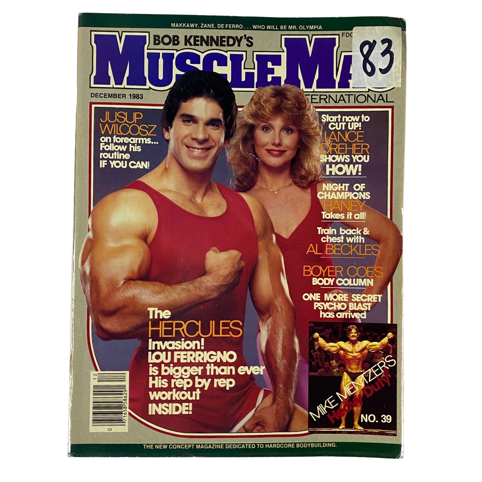Cover of MuscleMag International Magazine December 1983 featuring Lou and Carla Ferrigno, highlighting their bodybuilding achievements and iconic status in the sport.
