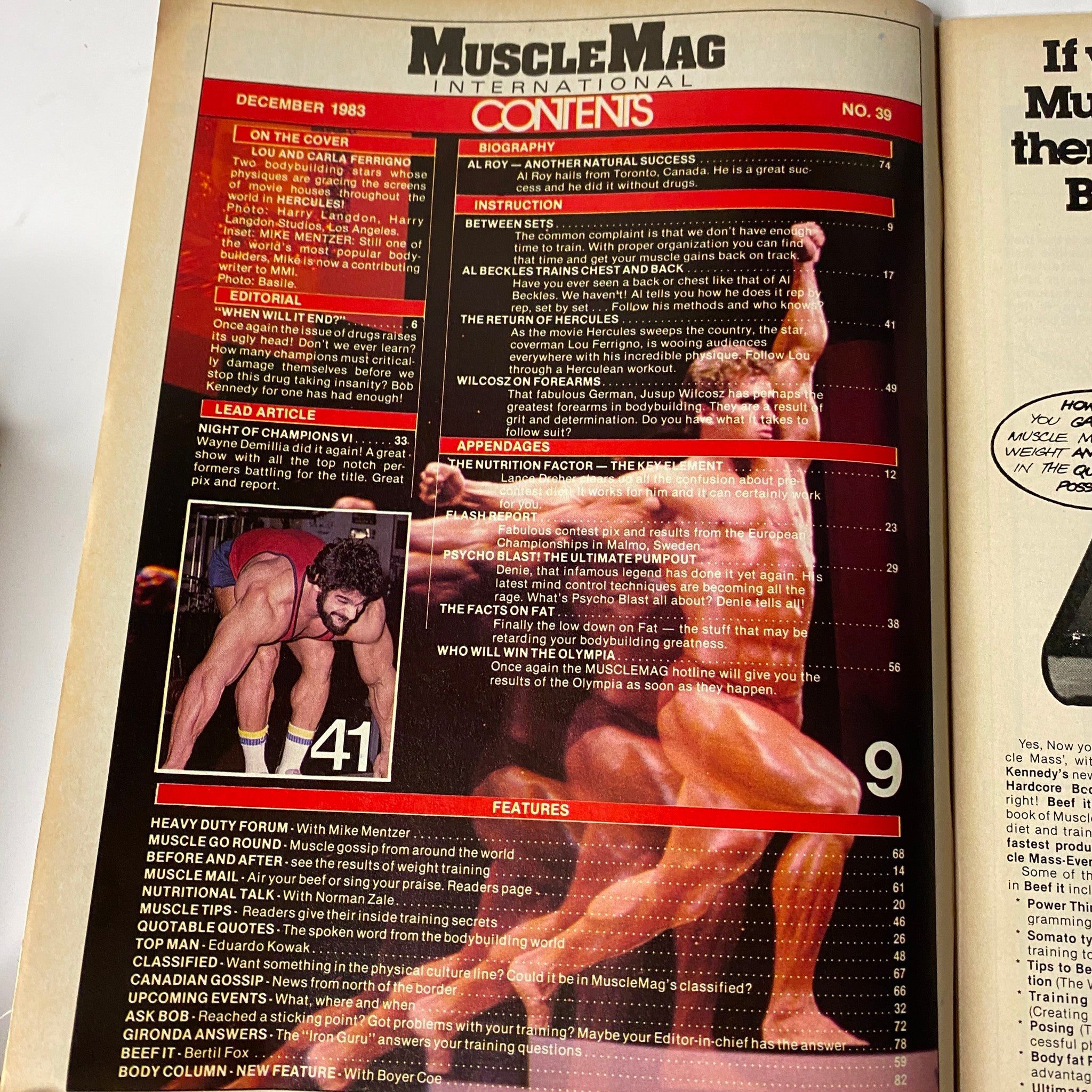 Contents page of MuscleMag International Magazine December 1983 featuring Lou and Carla Ferrigno, including highlights such as bodybuilding articles, training techniques, and event coverage.
