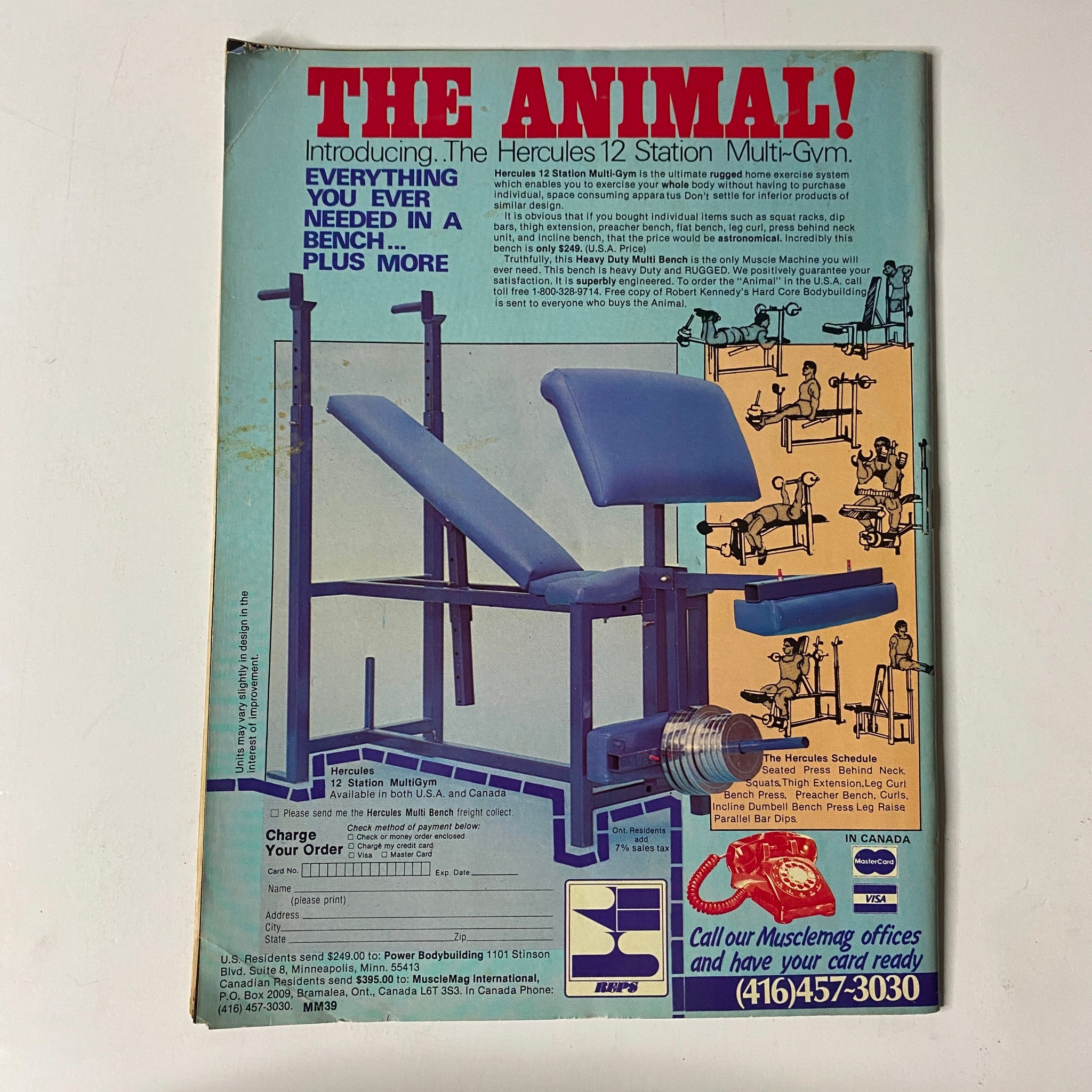 Back cover of MuscleMag International Magazine December 1983 promoting the Hercules 12 Station Multi-Gym, showcasing fitness equipment for bodybuilding enthusiasts.