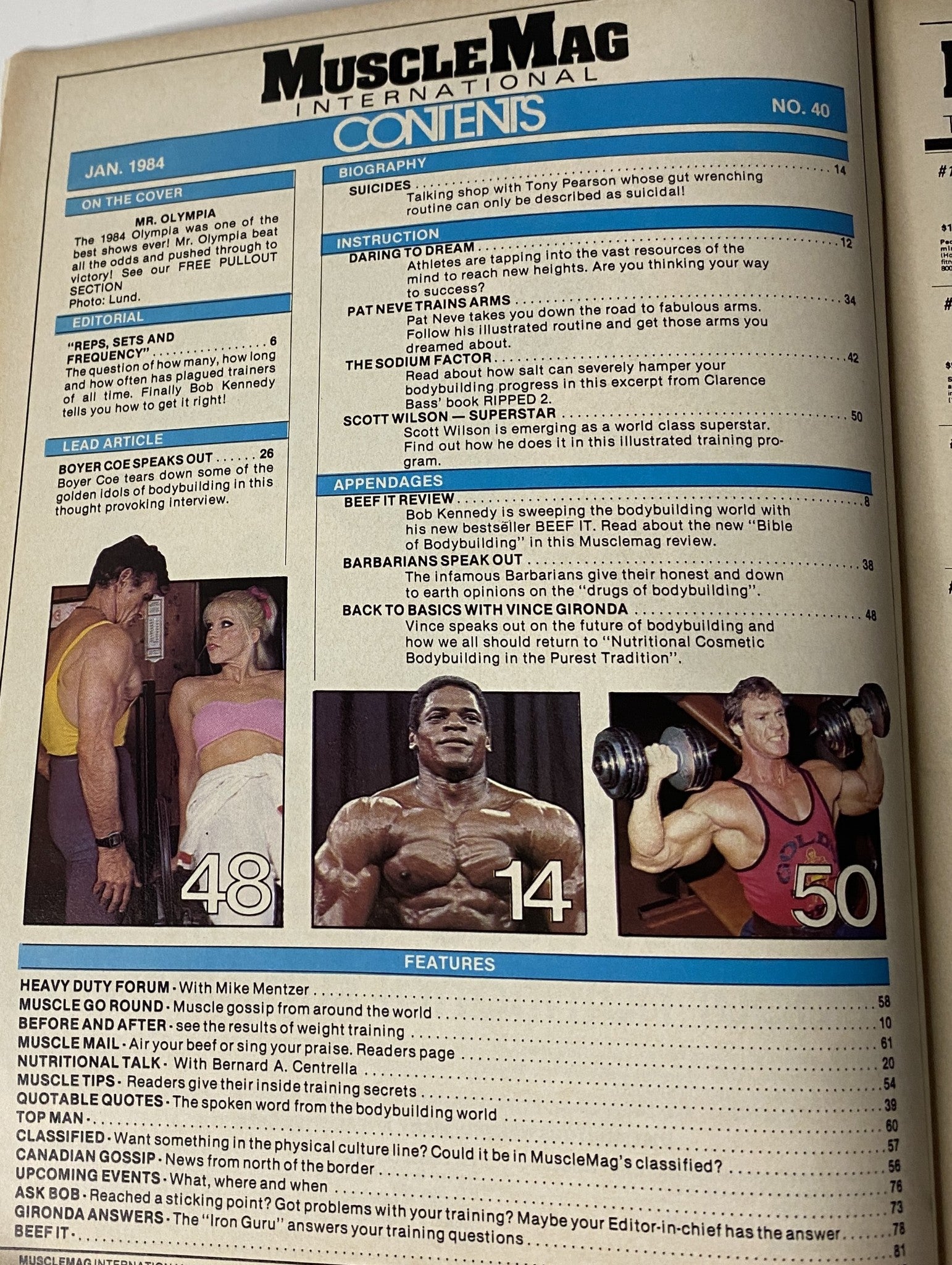 Table of contents for MuscleMag International Magazine January 1984 No. 40, detailing articles including interviews and training routines from bodybuilding legends.
