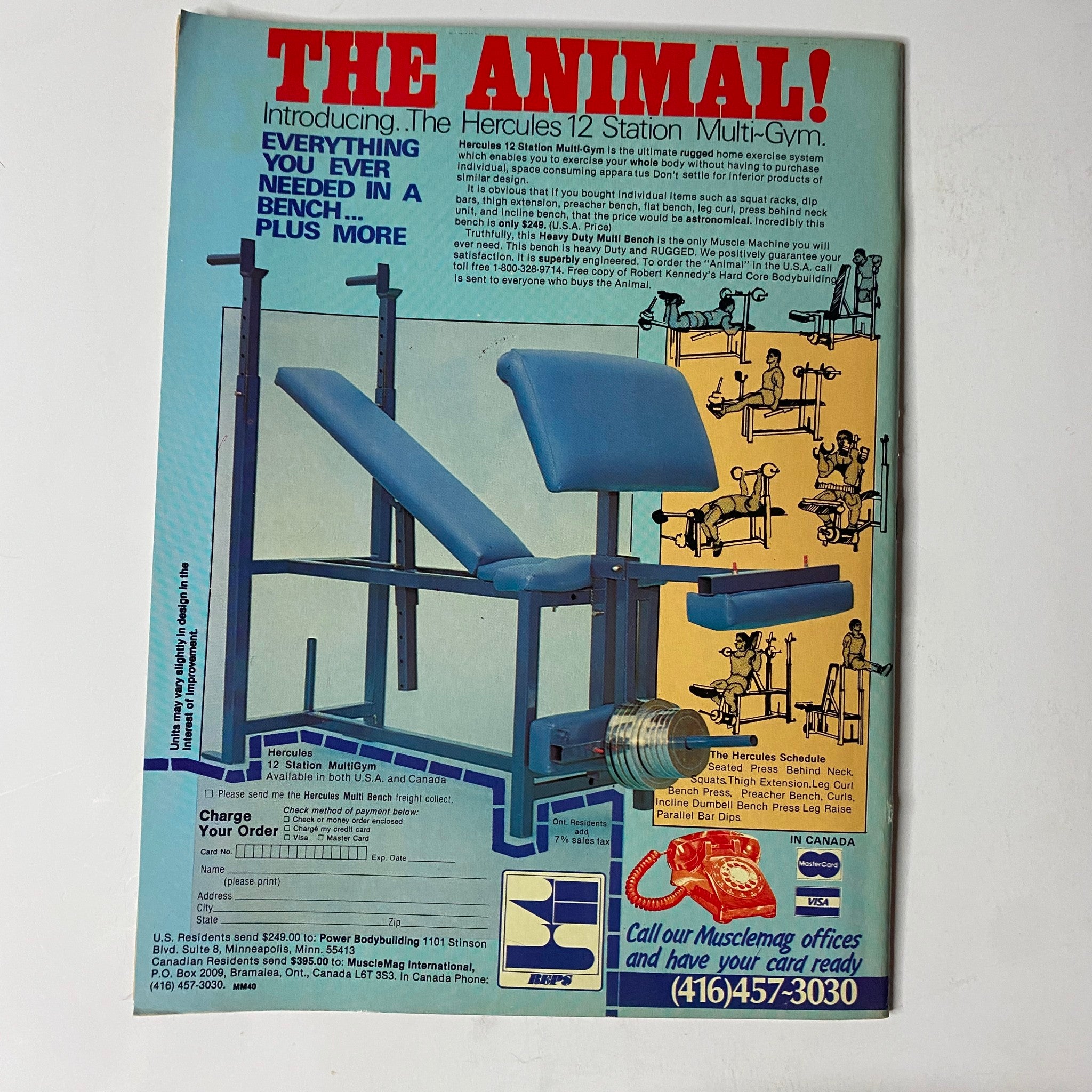Advertisement from MuscleMag International Magazine January 1984 No. 40, promoting the Hercules 12 Station Multi-Gym, a comprehensive workout solution.