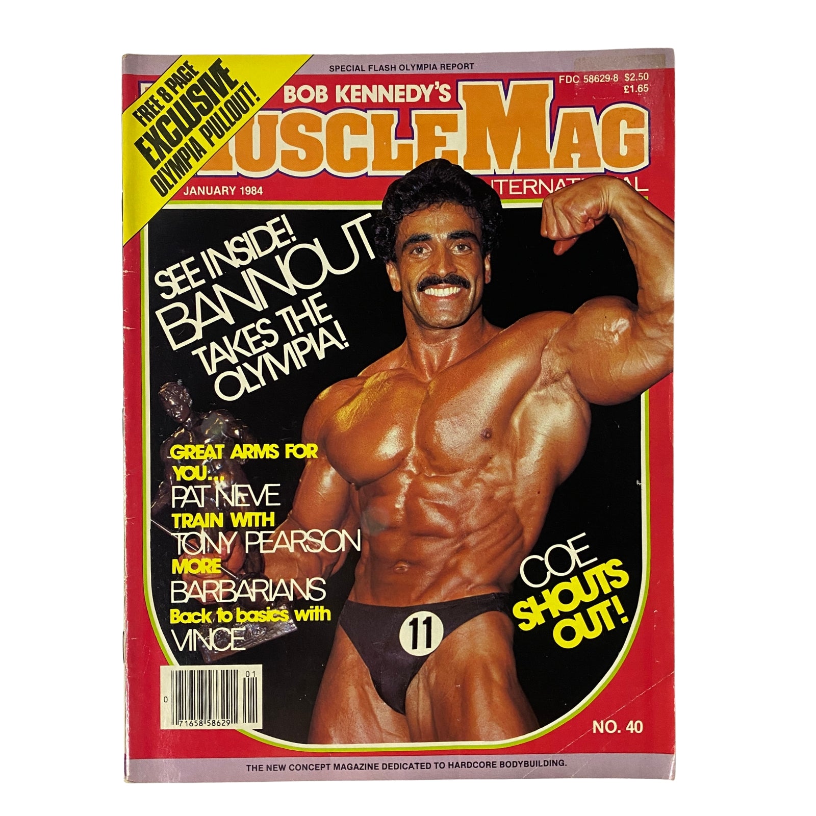 Cover of MuscleMag International Magazine January 1984 featuring Samir Bannout, celebrating his Olympia victory with the tagline 'See Inside! Bannout Takes the Olympia!' and highlights on training and bodybuilding results.