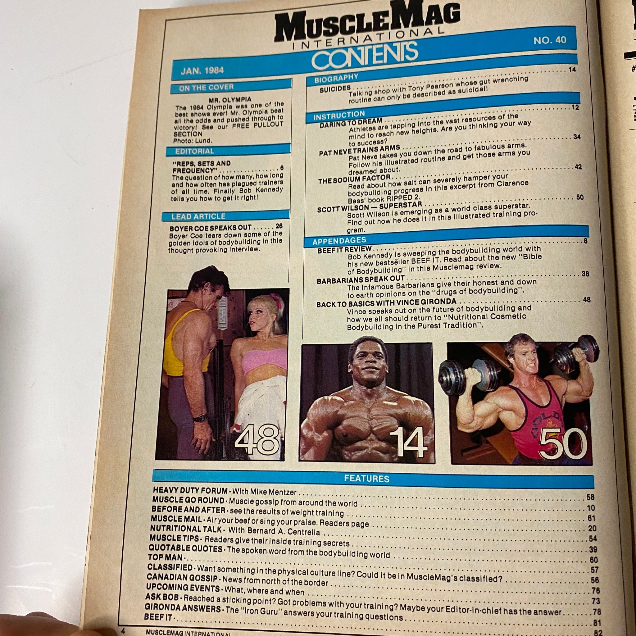 Contents page of MuscleMag International Magazine January 1984, showcasing articles and features including an interview with Boyer Coe, training routines, and a biography of Tony Pearson.