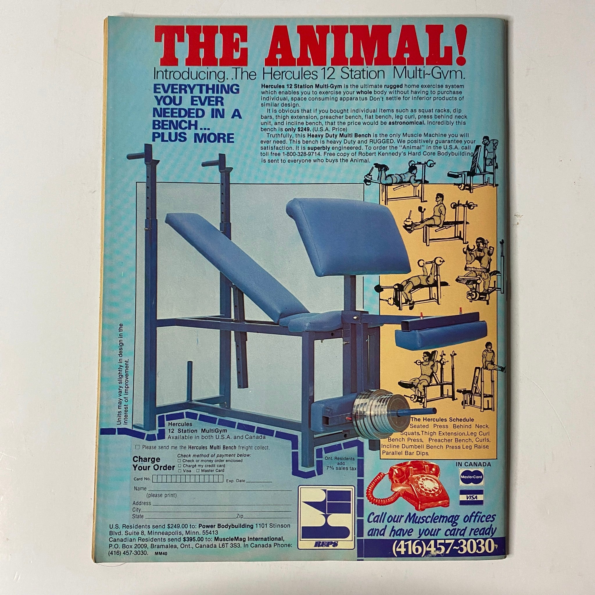 Advertisement for the Hercules 12 Station Multi-Gym featured in MuscleMag International Magazine January 1984, promoting a versatile exercise bench alongside fitness diagrams and instructions.
