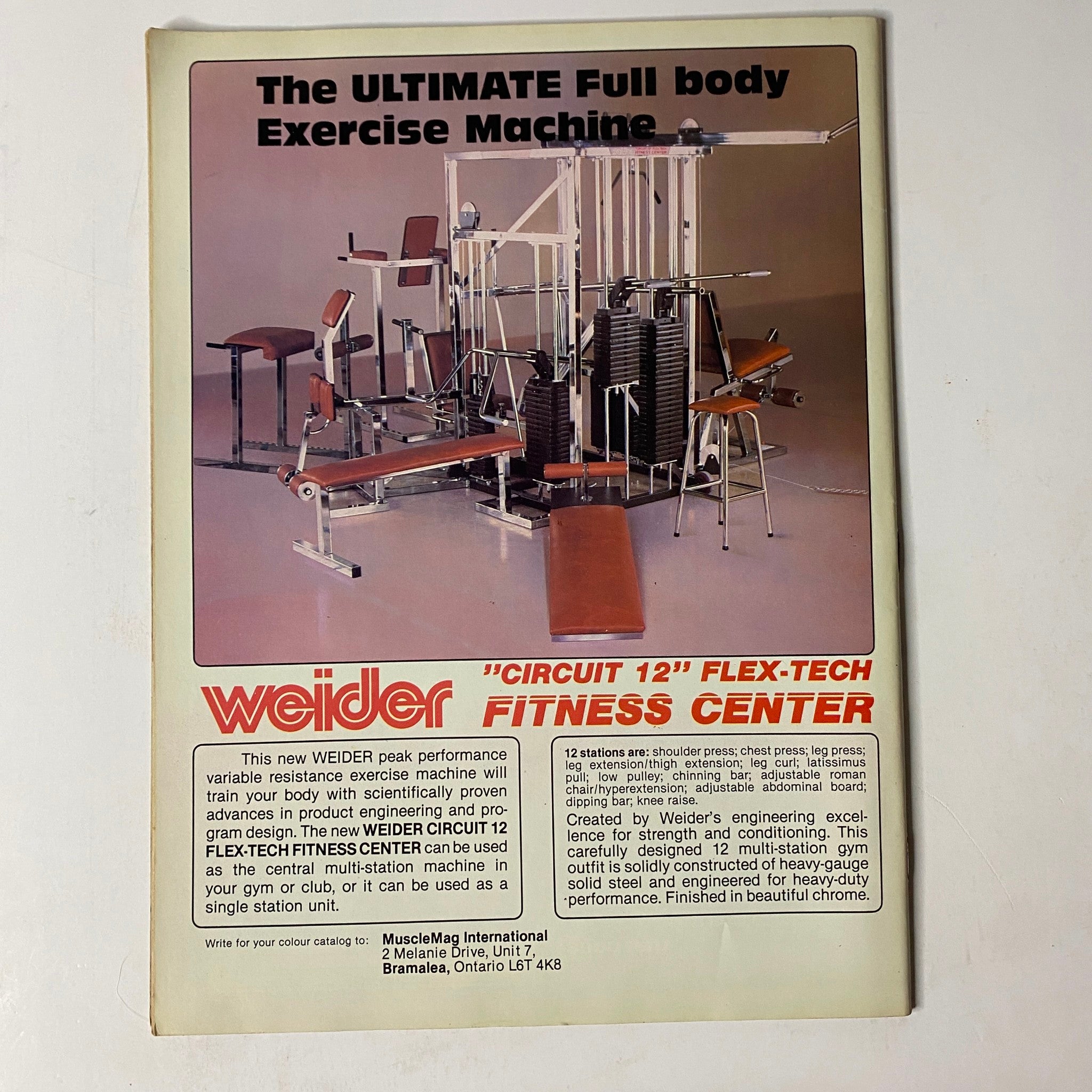 MuscleMag International Magazine February 1984 No. 41 Boyer Coe No Label showcasing the Weider 'Circuit 12' Flex-Tech Fitness Center, a full body exercise machine, surrounded by fitness equipment.