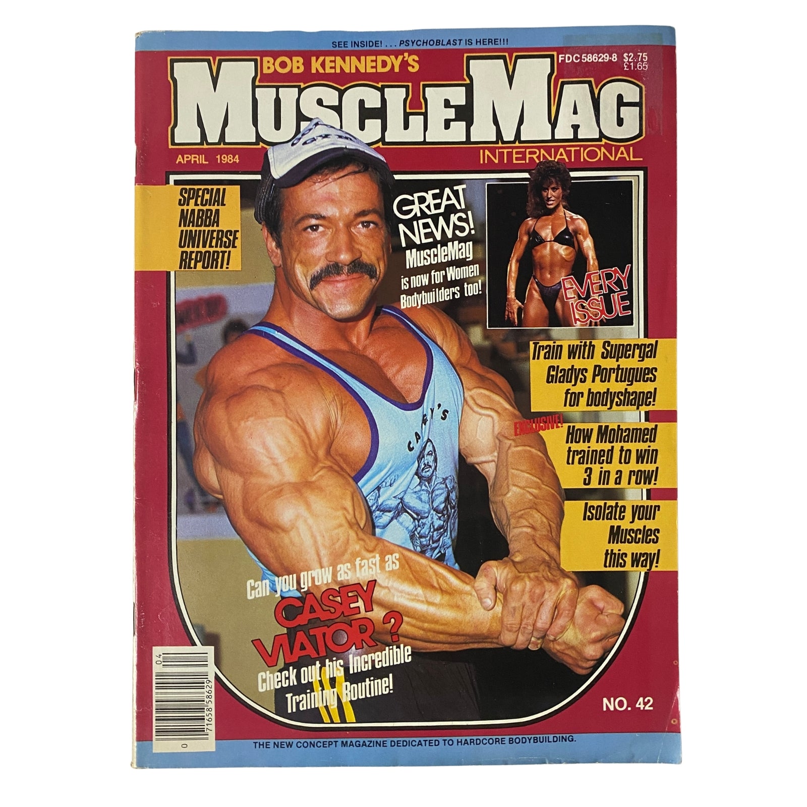 MuscleMag International Magazine March 1984 No. 42 featuring Casey Viator on the cover, highlighting his bodybuilding physique with a focus on size and vascularity.
