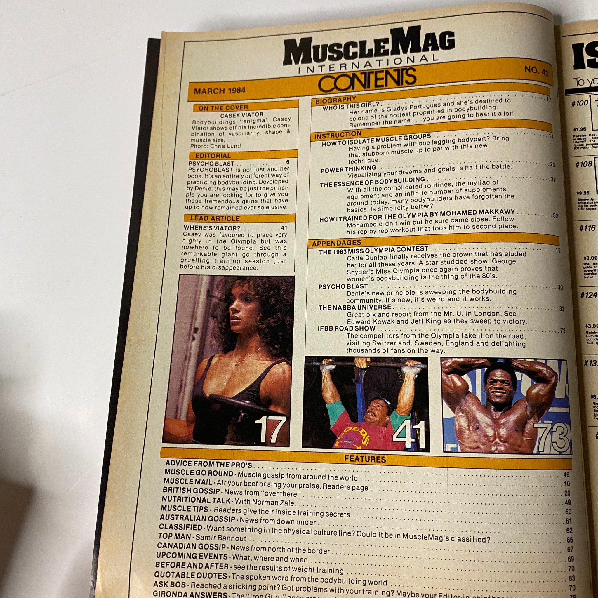 Inside page of MuscleMag International Magazine March 1984 No. 42, showcasing the contents including articles on Casey Viator and bodybuilding training techniques.