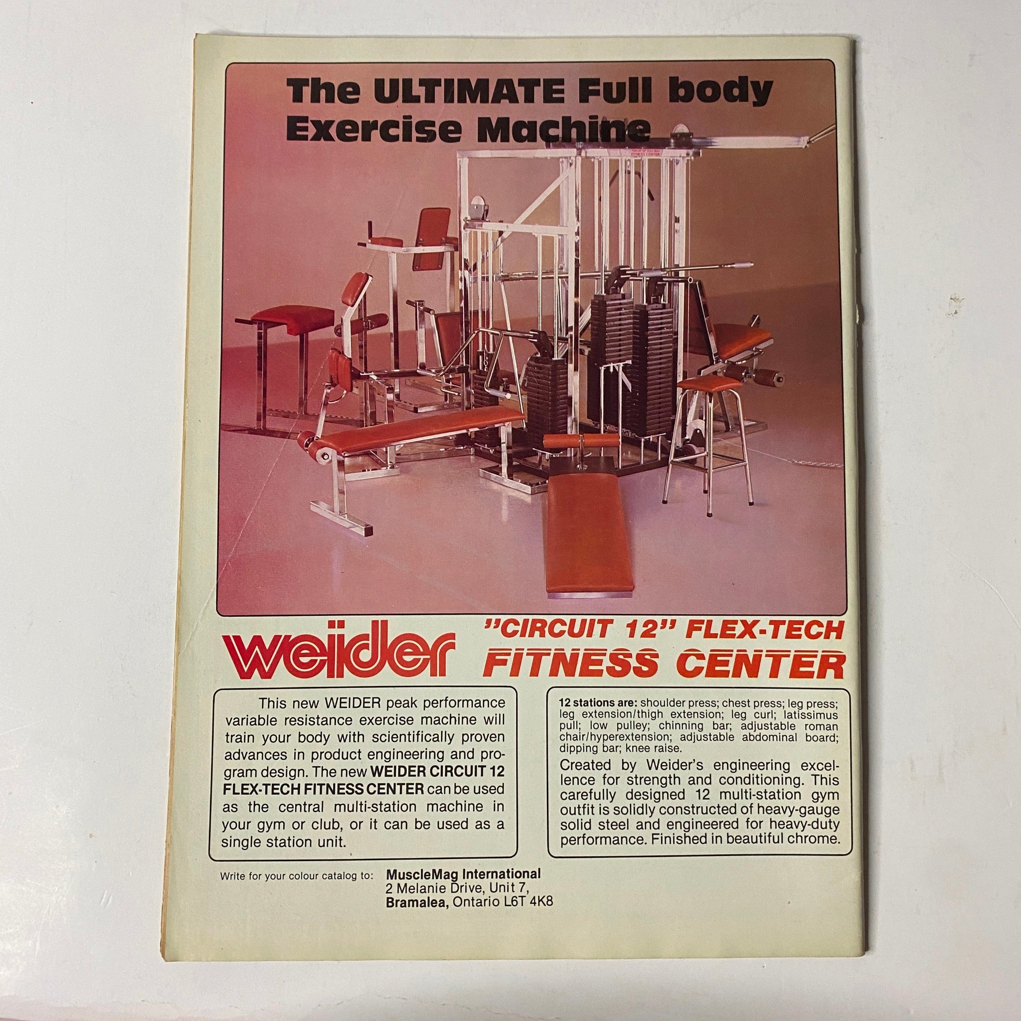 Advertisement for the Weider Circuit 12 Flex-Tech Fitness Center featured in MuscleMag International Magazine March 1984 No. 42, promoting a comprehensive exercise machine.