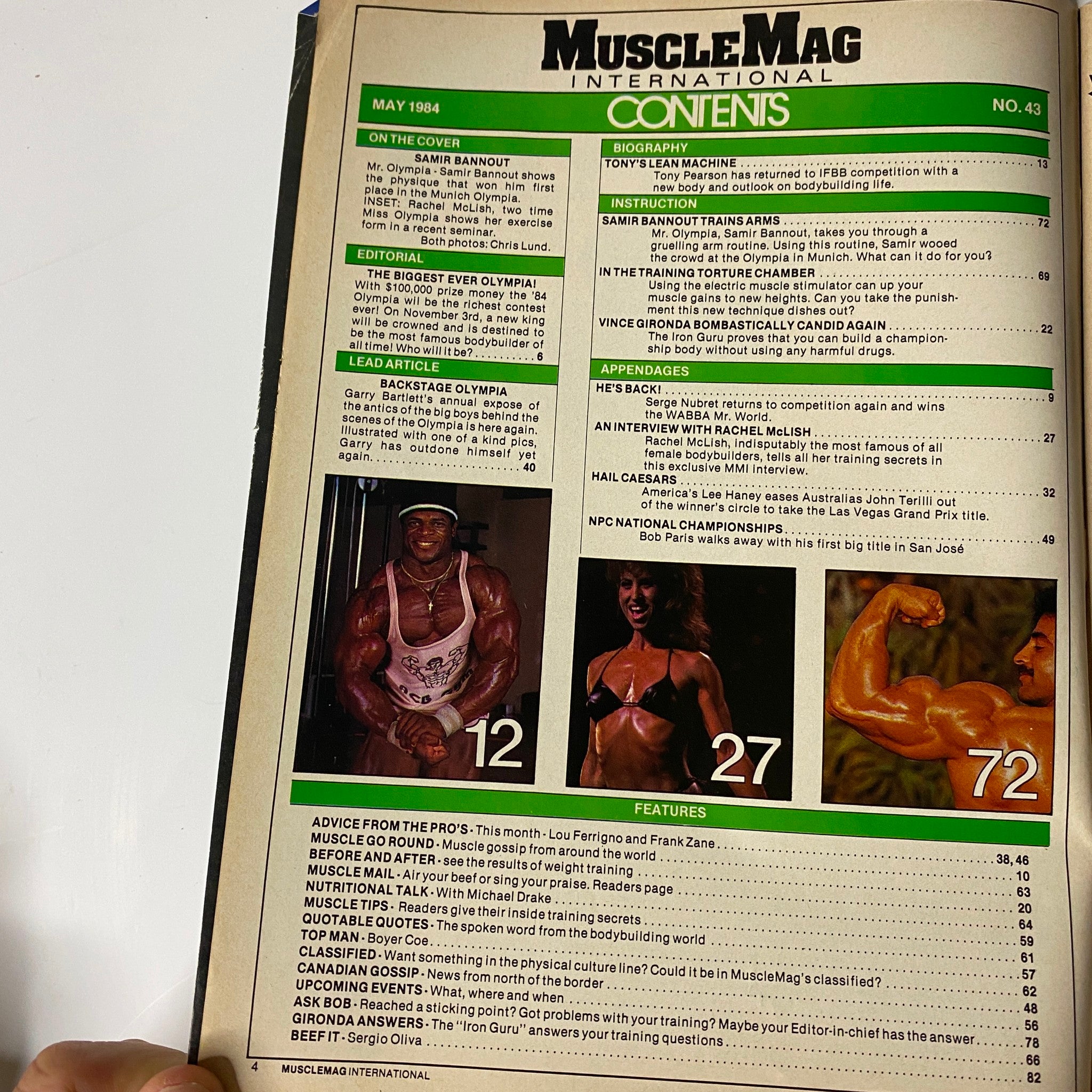 MuscleMag International Magazine May 1984 No. 43 Samir Bannout No Label showing the contents page, featuring editorial highlights, bodybuilding articles, and images related to Olympia contest training and insights.