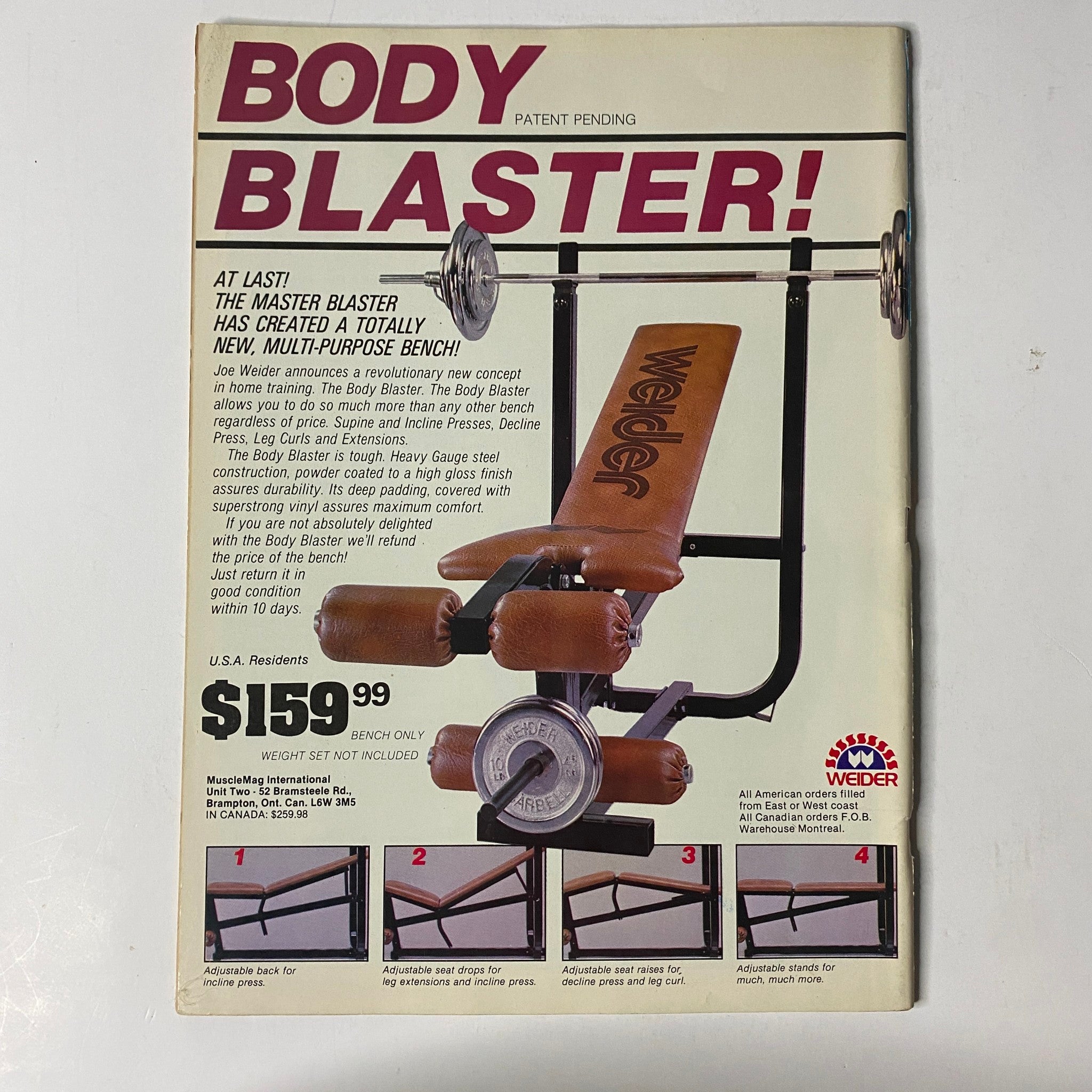 MuscleMag International Magazine May 1984 No. 43 Samir Bannout No Label featuring an advertisement for the 'Body Blaster' multi-purpose bench by Weider, showcasing fitness equipment for bodybuilding enthusiasts.