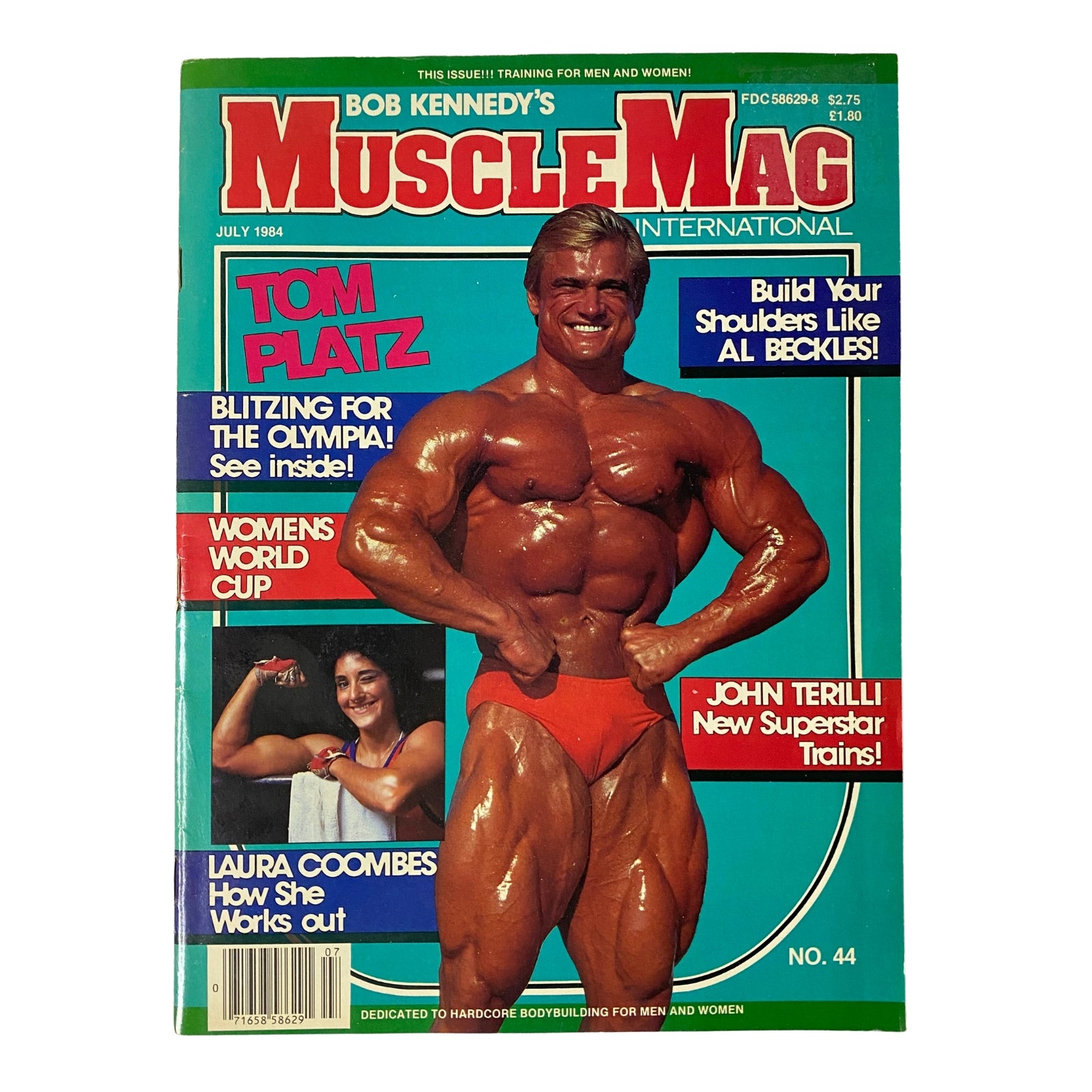 Cover of MuscleMag International Magazine July 1984 No. 44 featuring Tom Platz, showcasing his muscular physique with a bright teal background and headlines about women’s bodybuilding and workout insights.