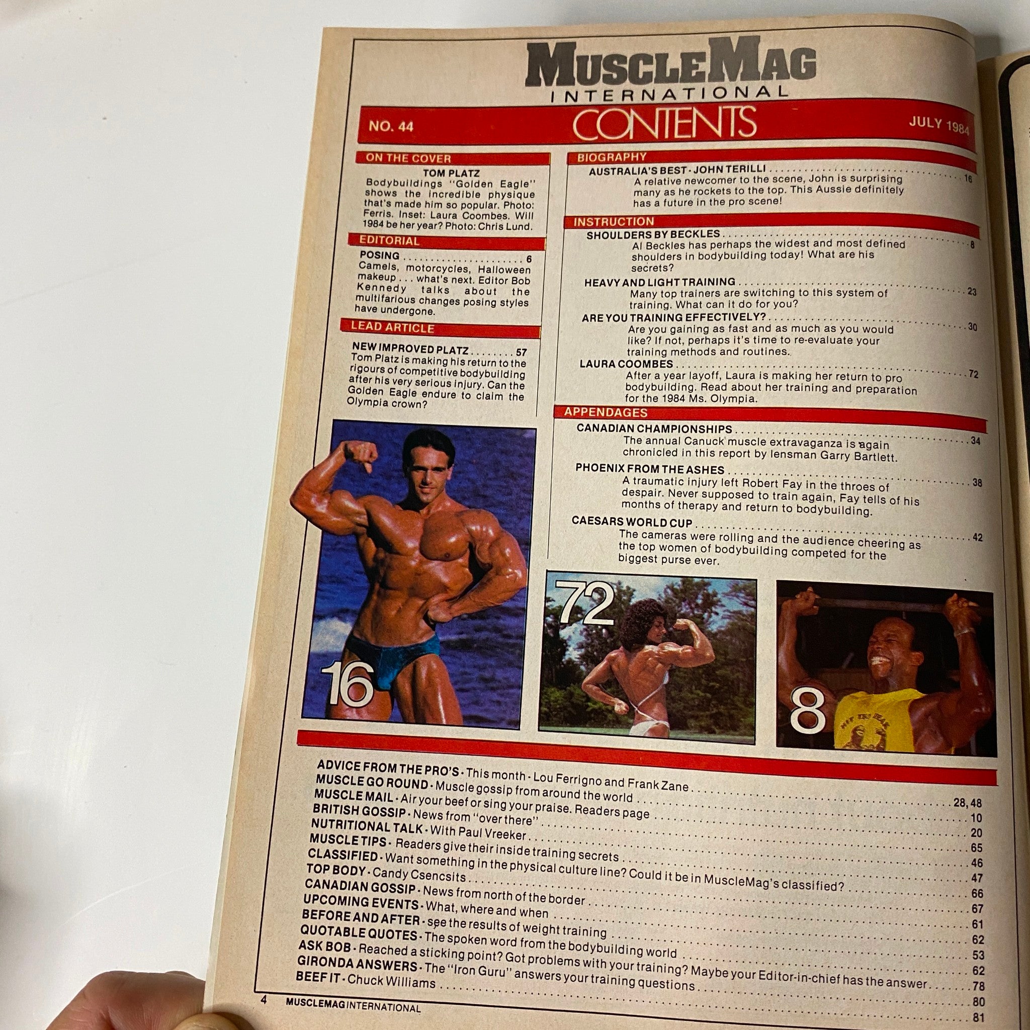 Contents page of MuscleMag International Magazine July 1984 No. 44, listing articles including features on Tom Platz, women’s bodybuilding, and training tips, with images of bodybuilders.