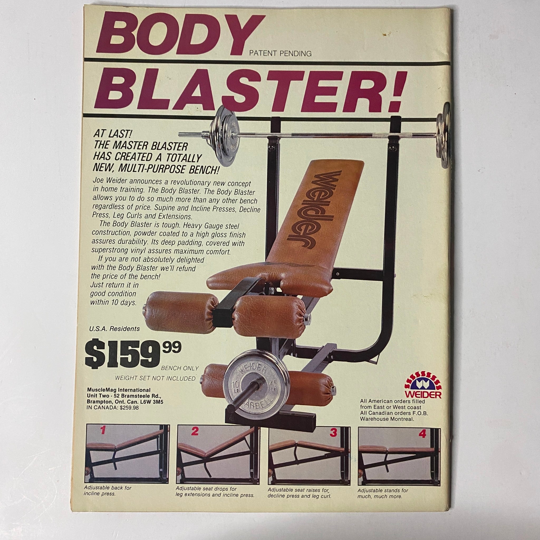 Advertisement for the Body Blaster workout bench featured in MuscleMag International Magazine July 1984 No. 44, showcasing its versatility for multiple exercises with pricing details.