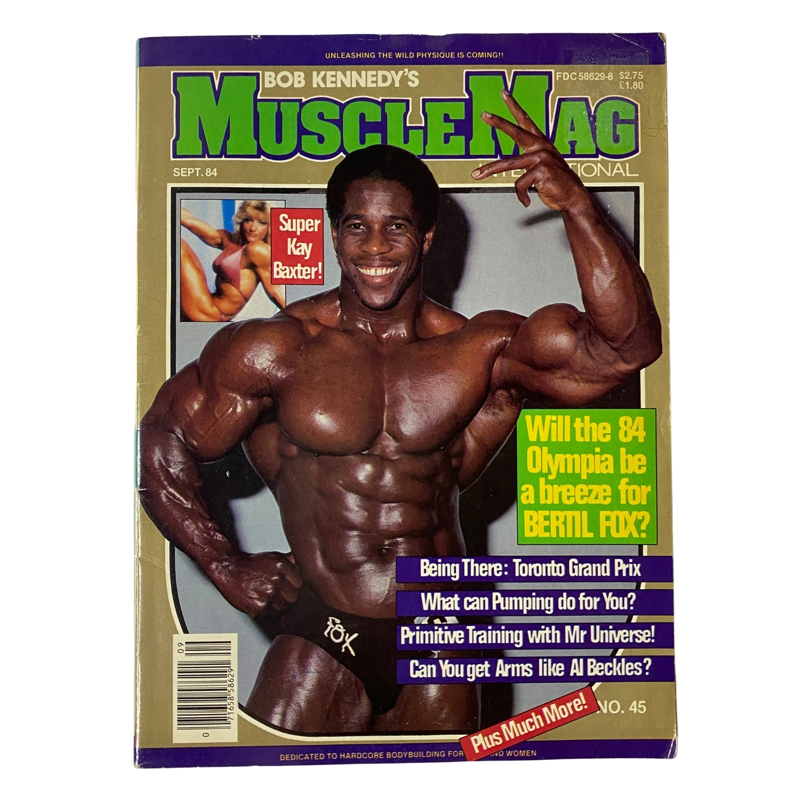 Cover of MuscleMag International Magazine September 1984 featuring Bertil Fox, a top bodybuilding contender, with a focus on Kay Baxter. Highlighting the magazine's vintage appeal.