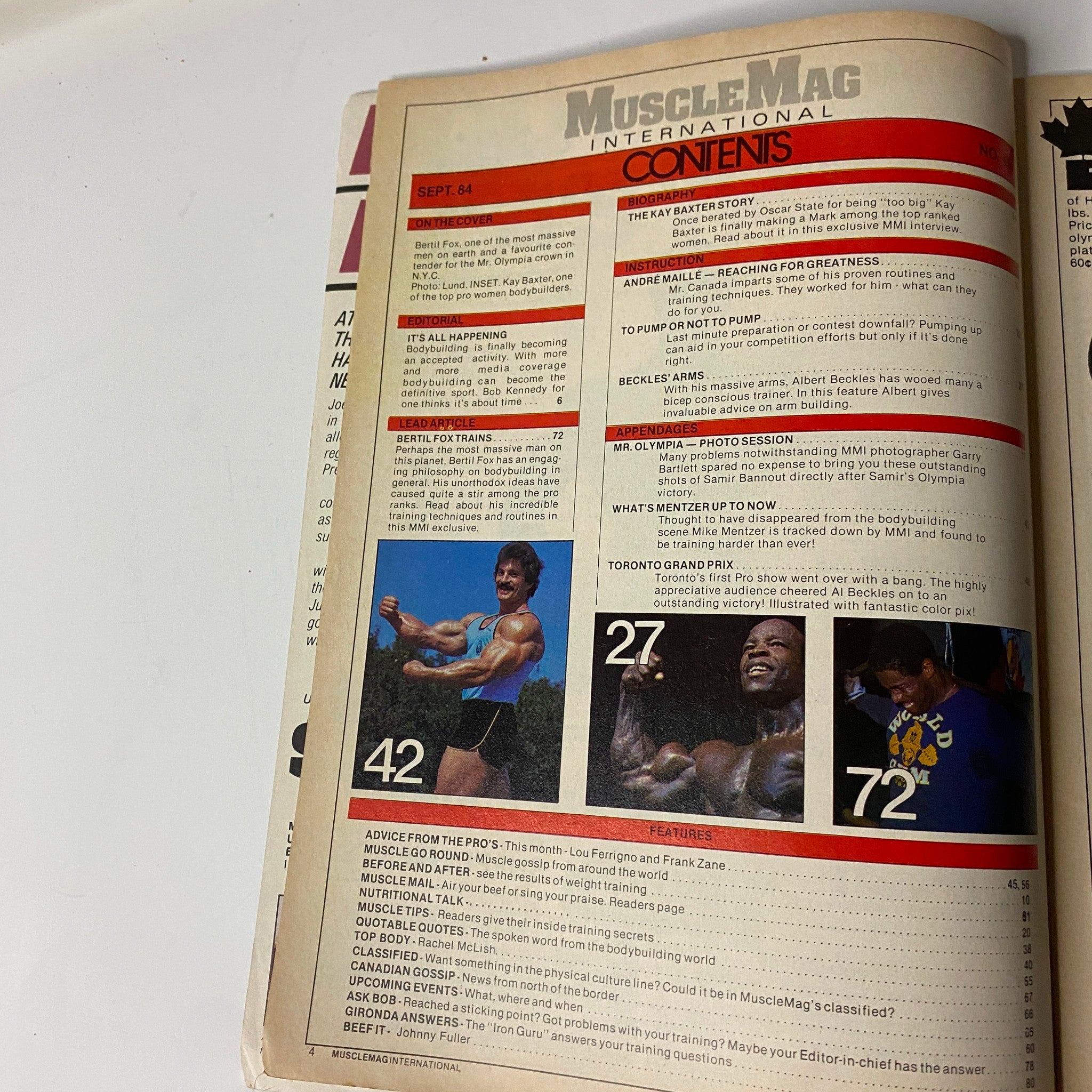 Contents page of MuscleMag International Magazine September 1984, showcasing articles including Bertil Fox's training and coverage of the Toronto Grand Prix.