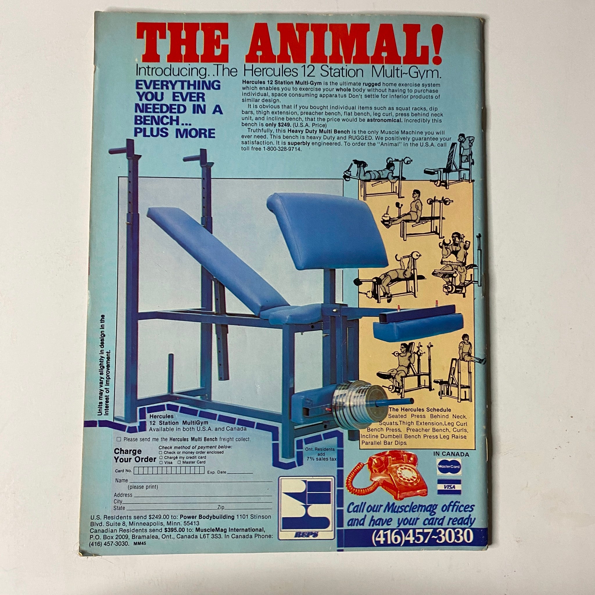 Advert for Hercules 12 Station Multi-Gym in the back of MuscleMag International Magazine September 1984, promoting a versatile home gym equipment.