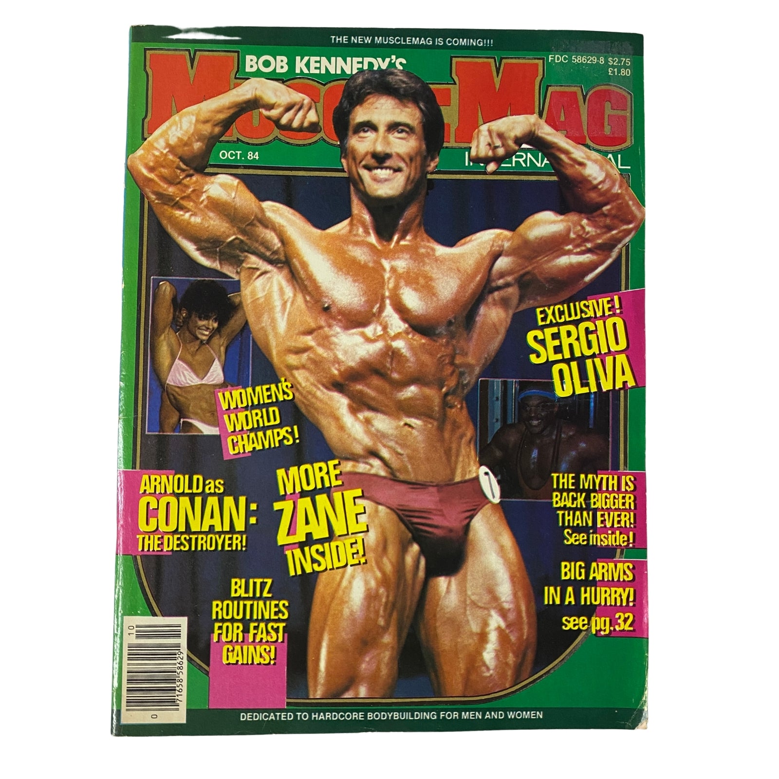 Cover of MuscleMag International Magazine October 1984 No. 46 featuring Sergio Oliva showcasing his muscular physique, with highlights on Arnold Schwarzenegger's role in Conan the Destroyer and exclusive training insights.